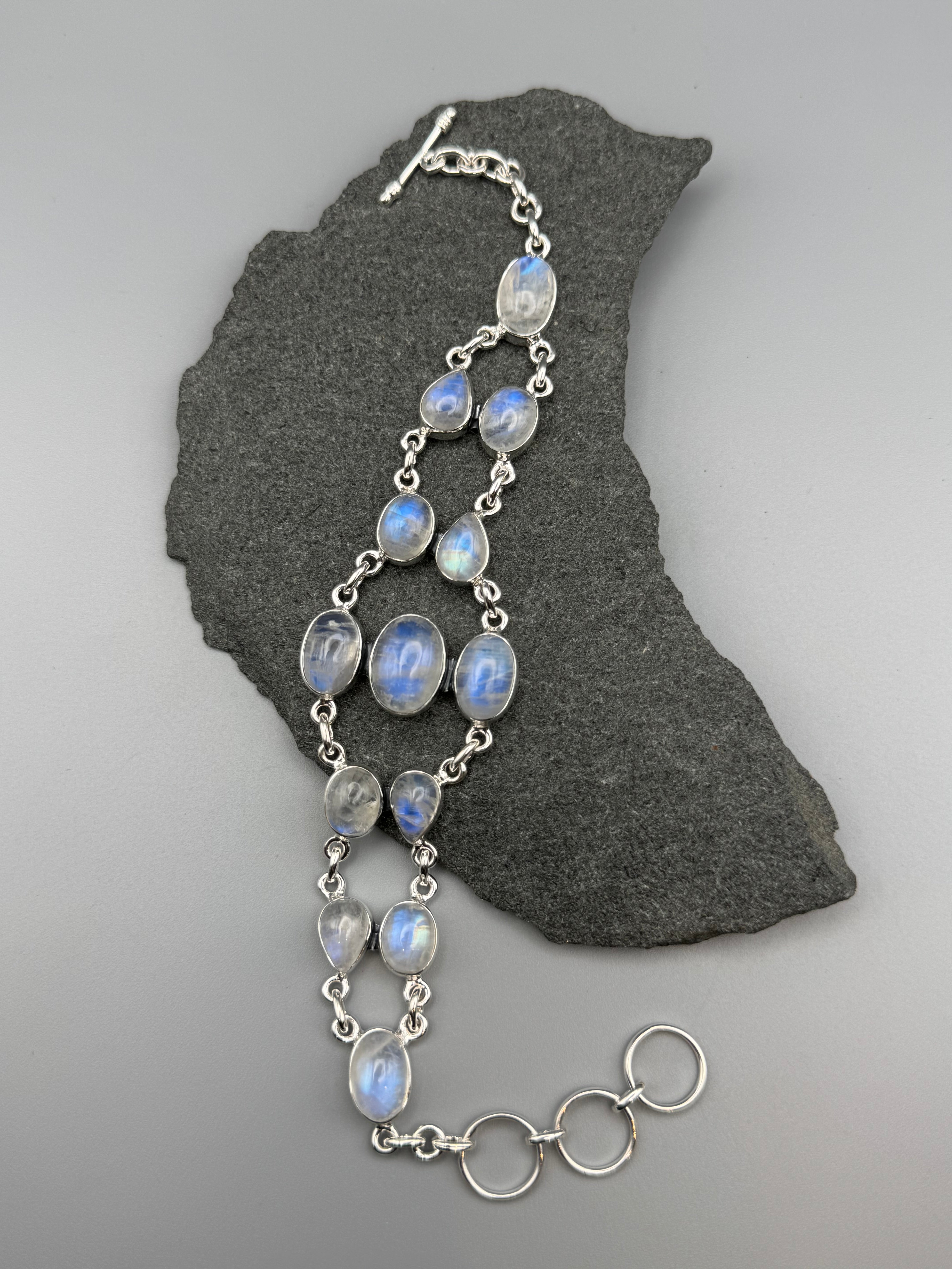 •RAINBOW MOONSTONE - TAPERED• linked silver bracelet (7.25” - 8.5")