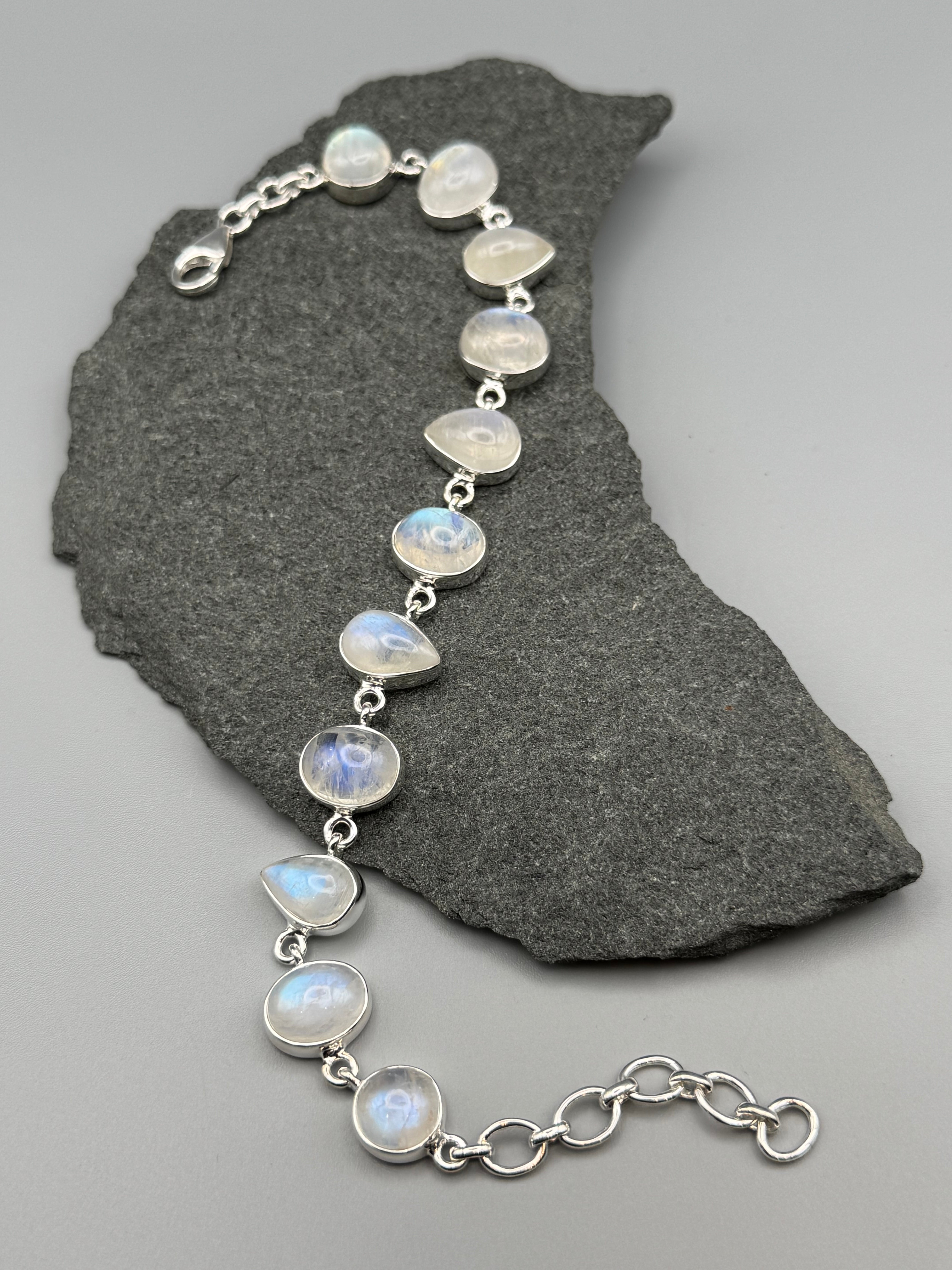 •RAINBOW MOONSTONE - GEO MIX• linked silver bracelet (7.5" - 9")