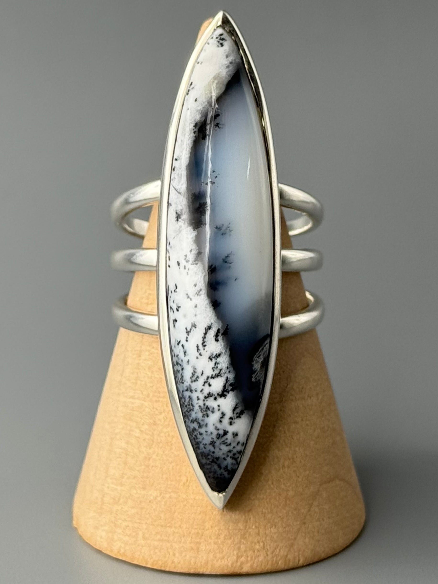 •DENDRITIC OPAL - DEEP MARQUISE• split band silver ring (size 9)