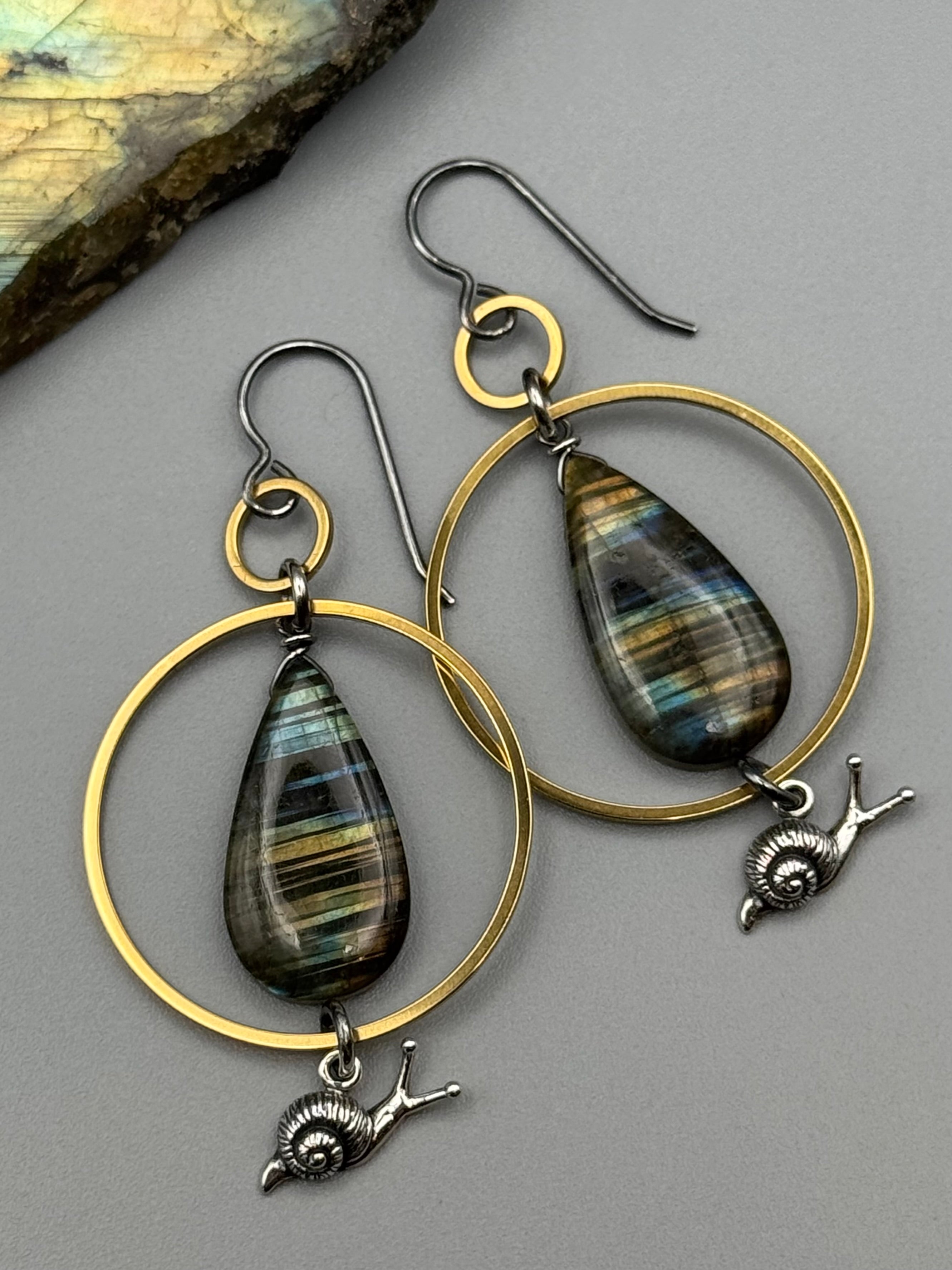 •LINGER• labradorite tear + mixed metal earrings