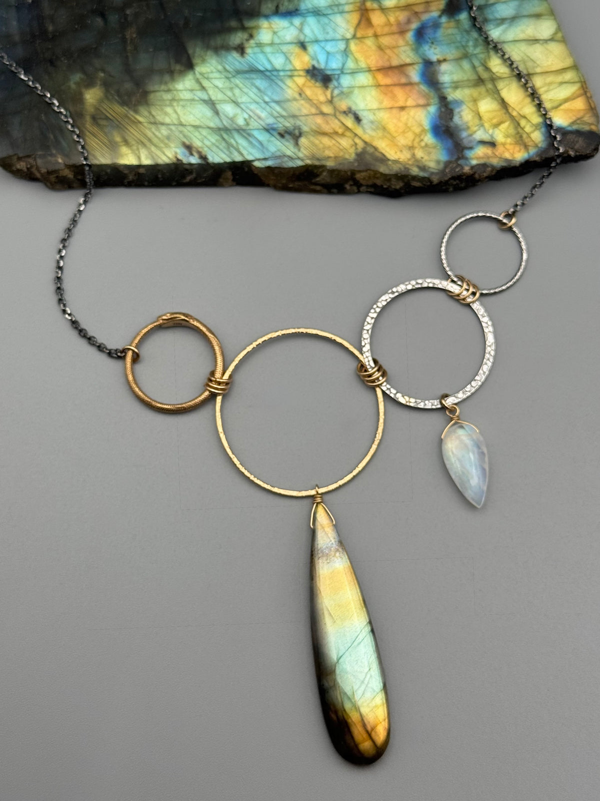 •UNION• labradorite + rainbow moonstone mixed metal necklace (16"-18" long)