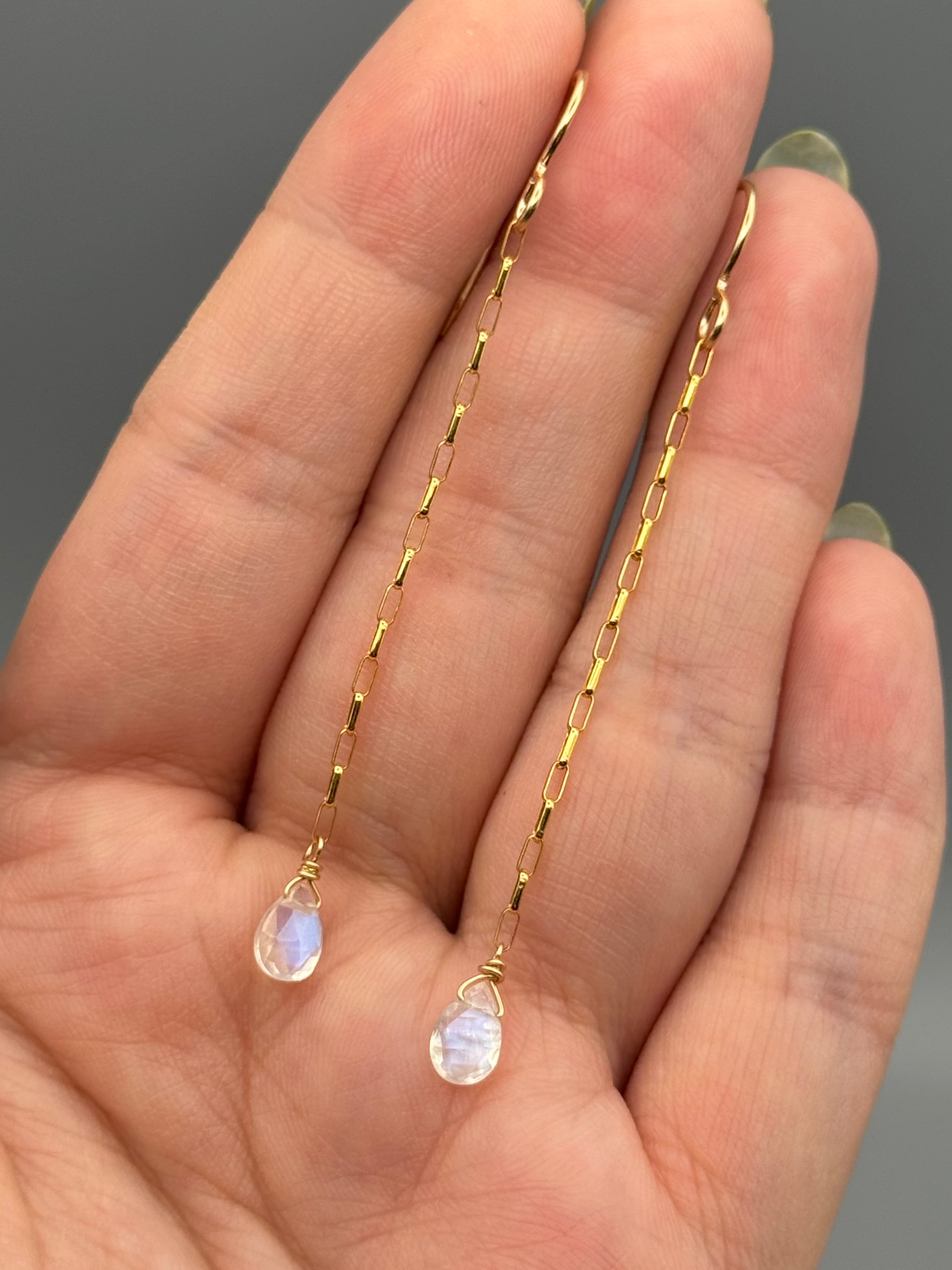 •LINKED• rainbow moonstone tear + gold earrings