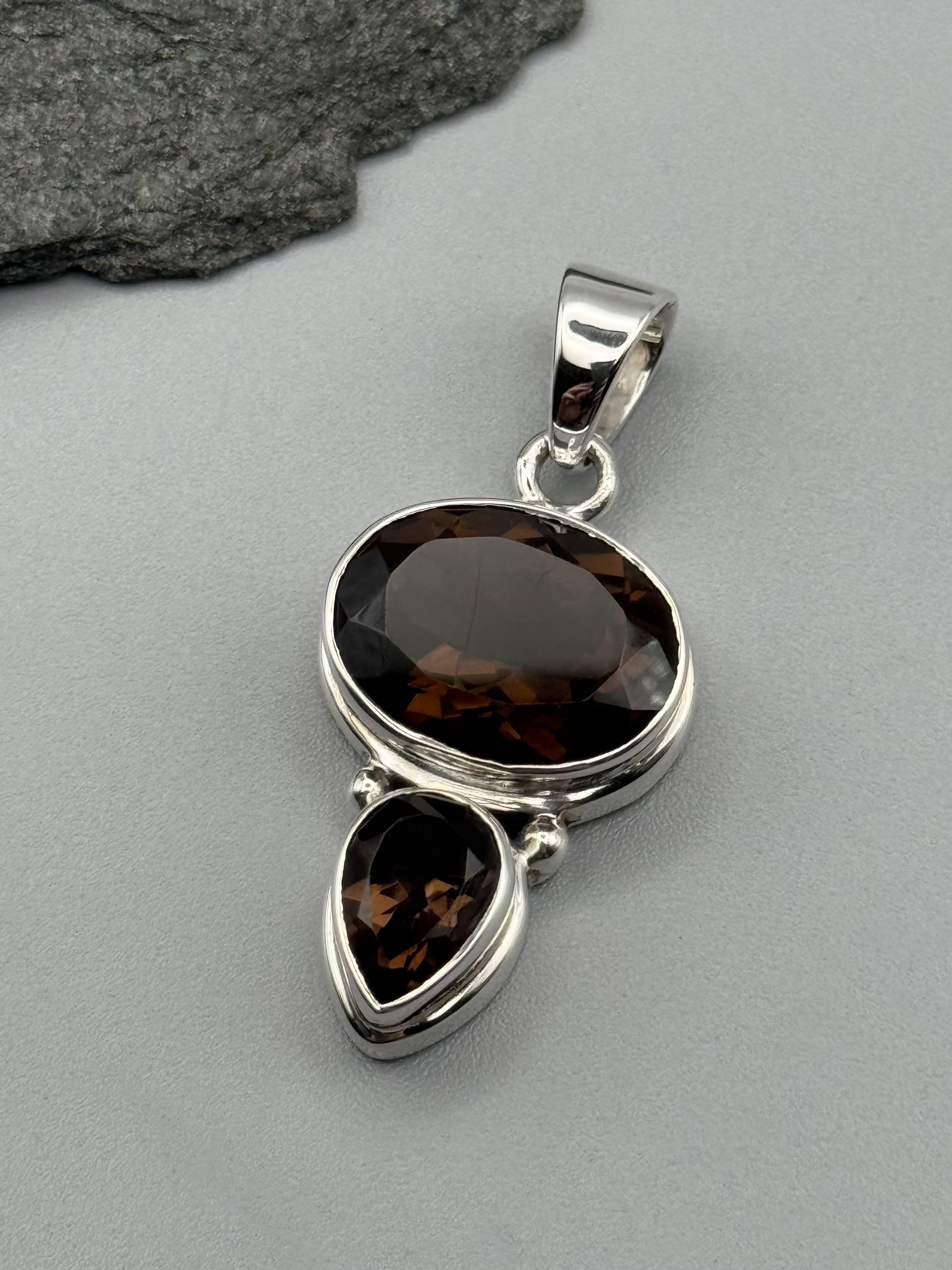 •SMOKY QUARTZ - FACETED DUO• sterling silver pendant