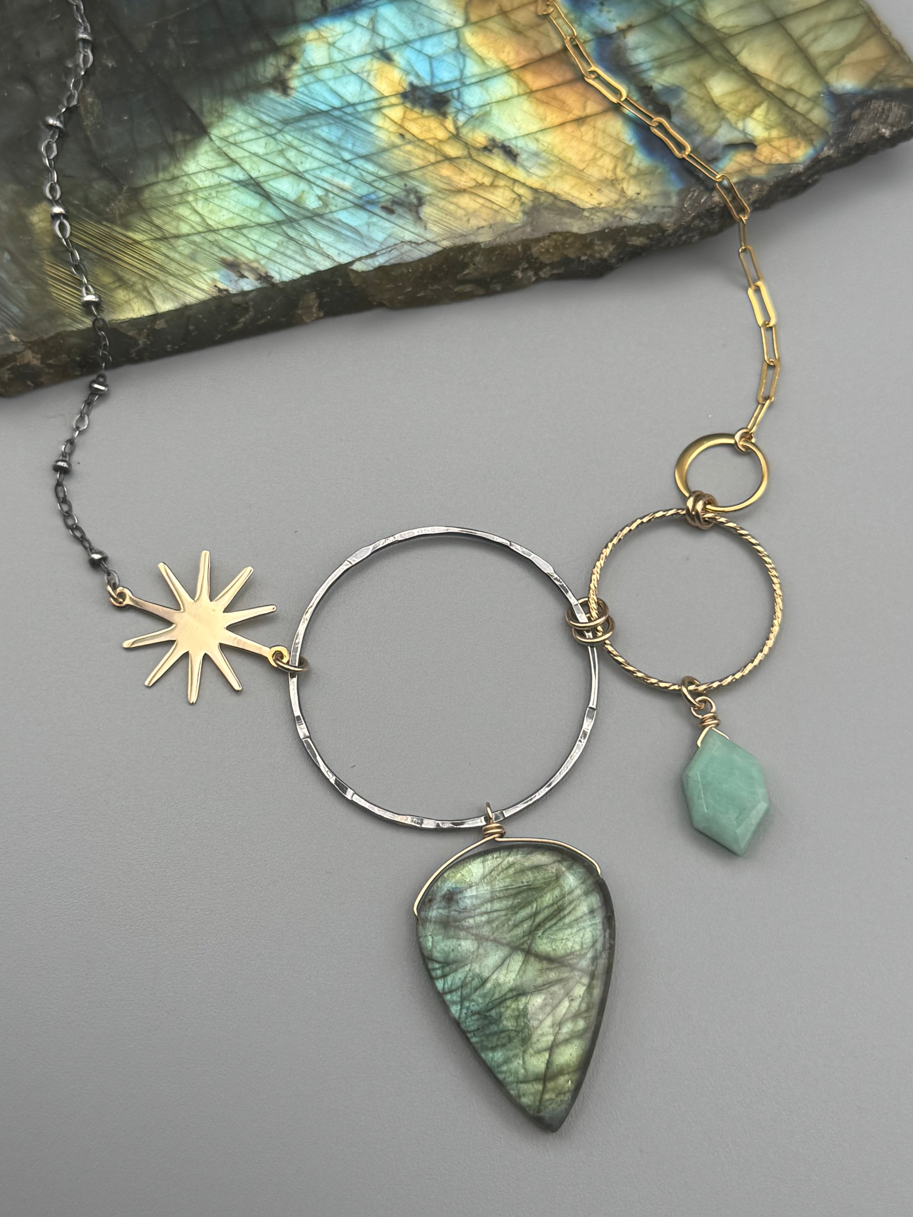 •UNION• emerald + labradorite mixed metal necklace (16"-18" long)