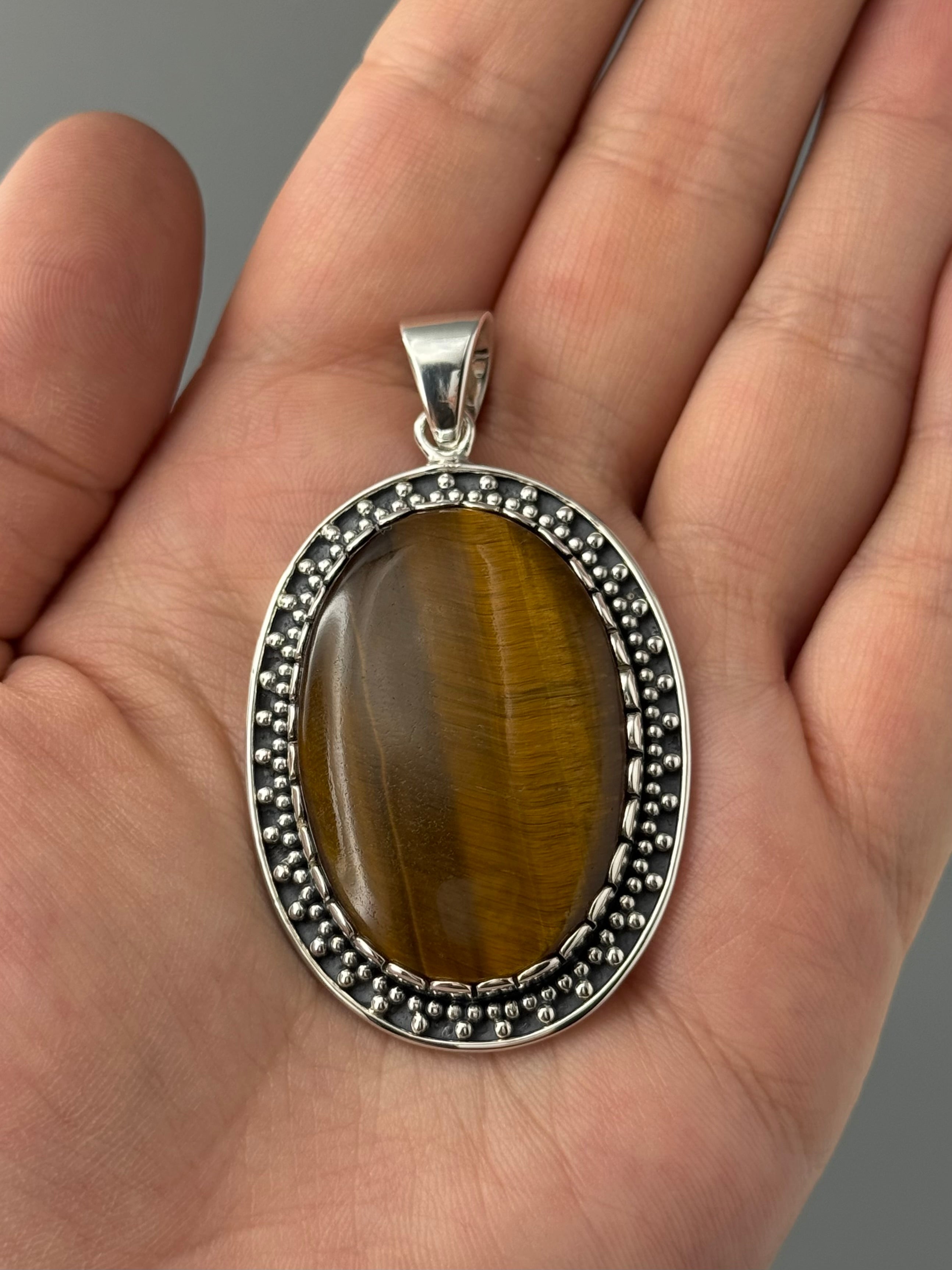 •TIGER EYE OVAL - LOOKING GLASS• sterling silver pendant
