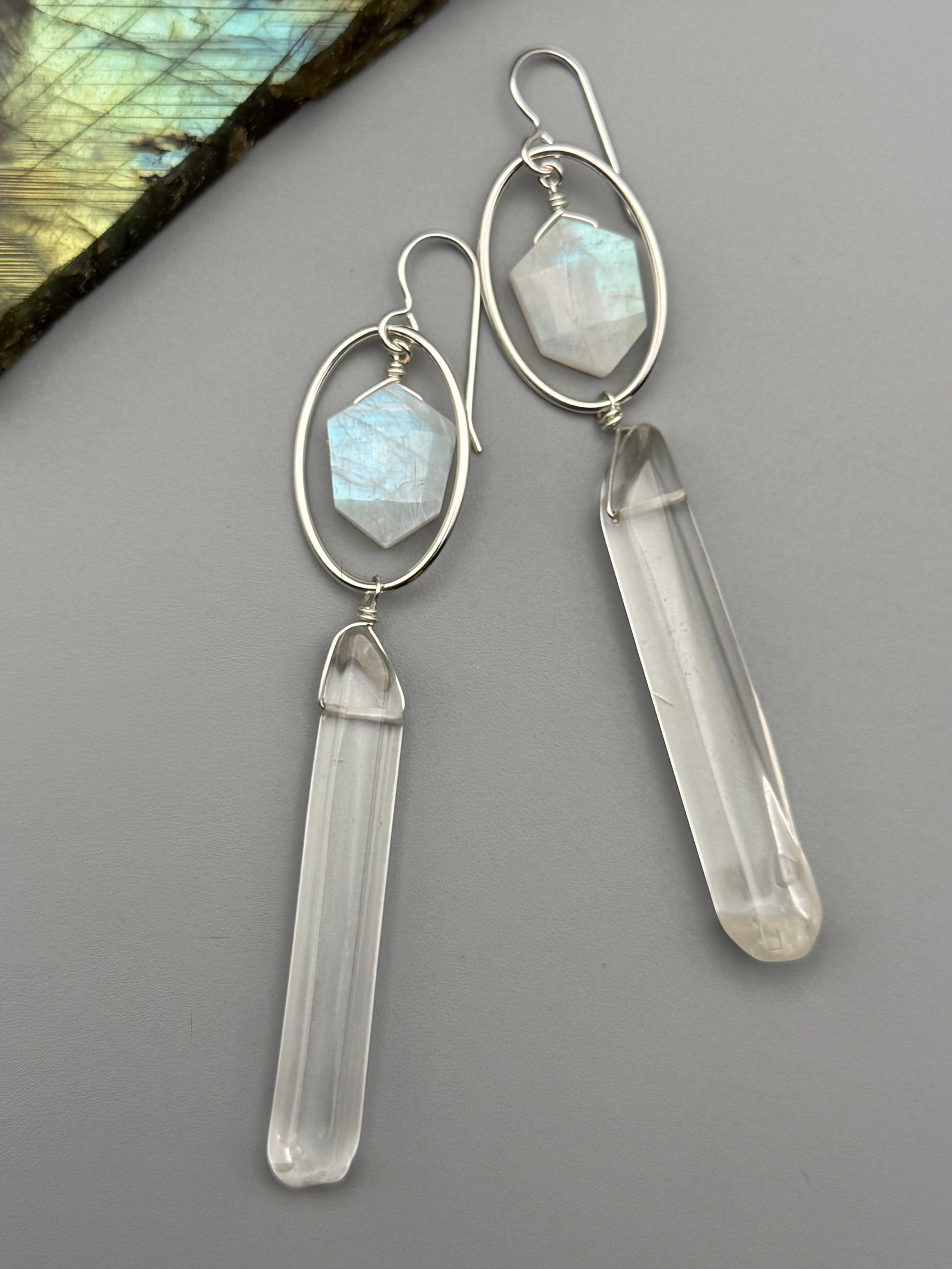 •LUNA• rainbow moonstone + quartz point silver earrings