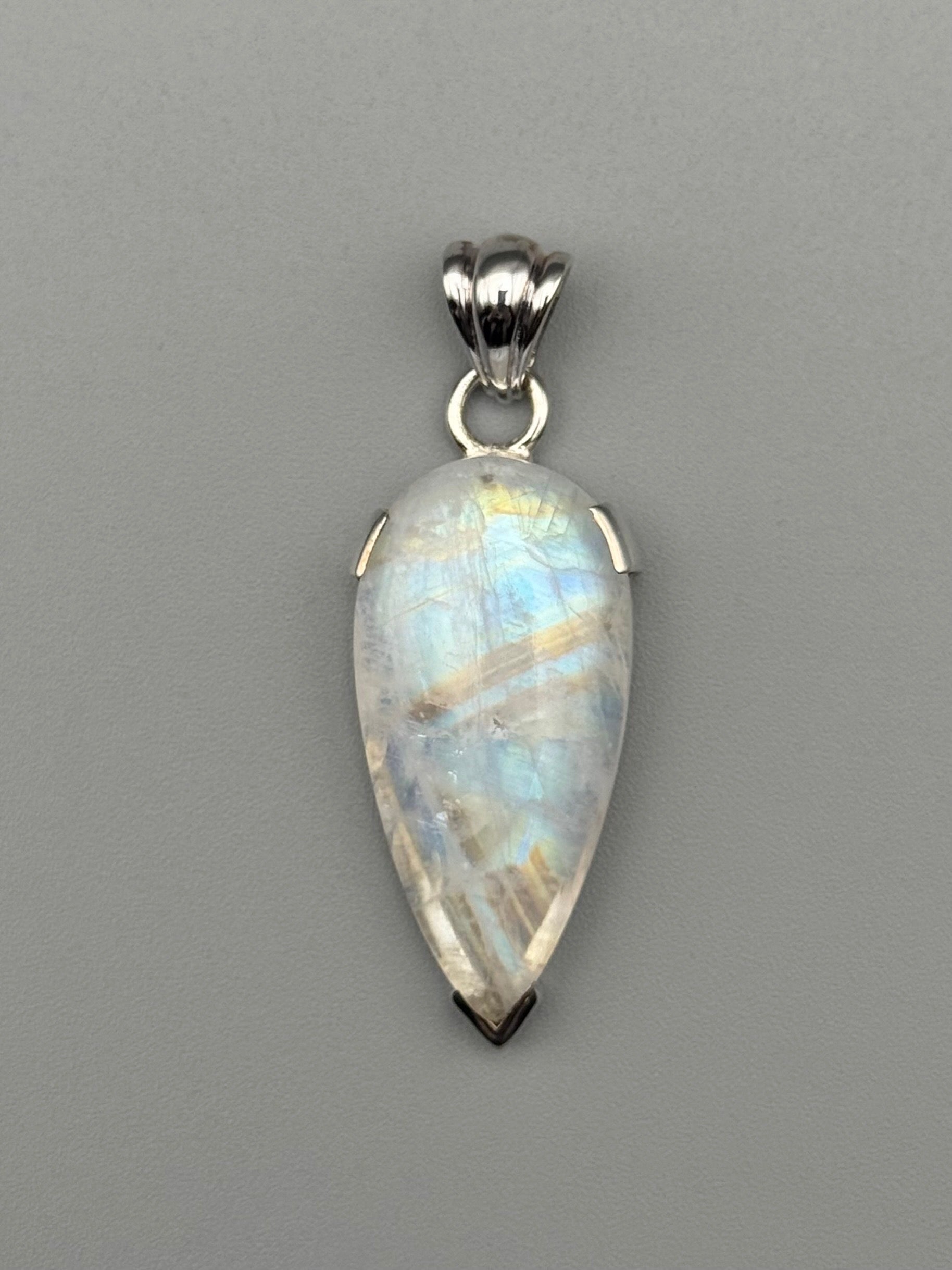 •RAINBOW MOONSTONE - SPEAR TEAR• bezel capped silver pendant