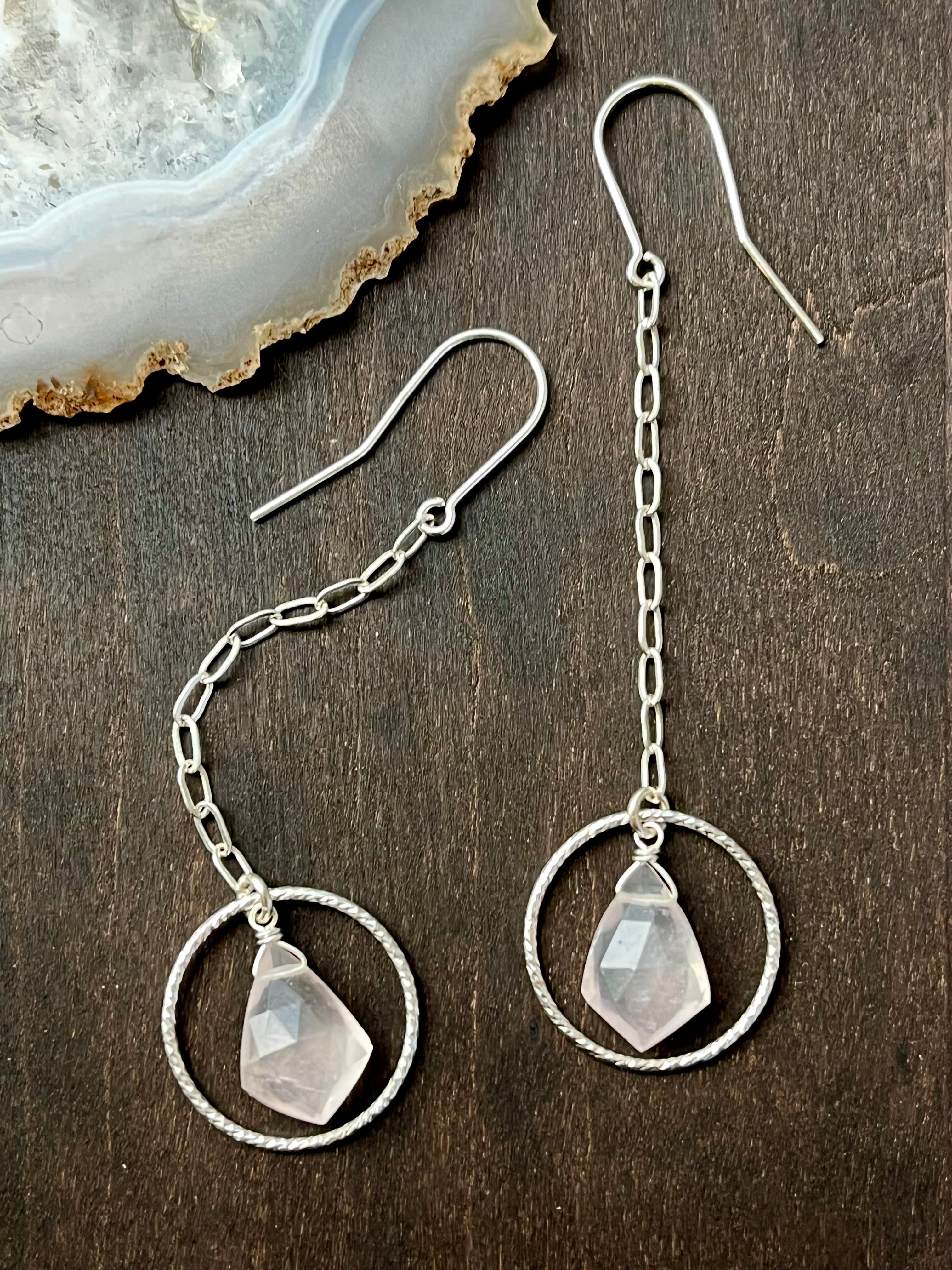 •ECLIPSE SWING• rose quartz + silver dangle earrings