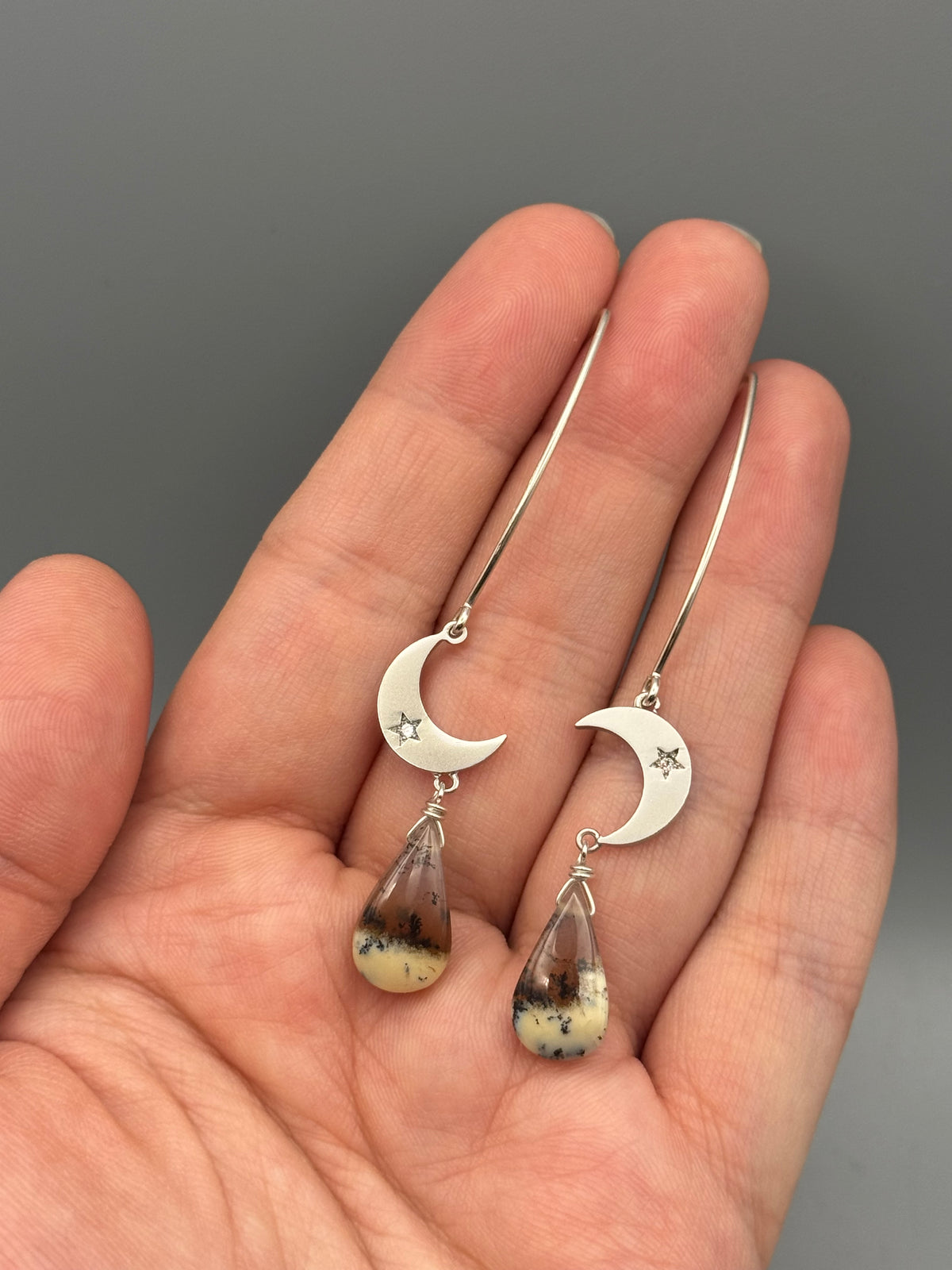 •CRYSTAL CRESCENT• dendritic opal tear + silver earrings
