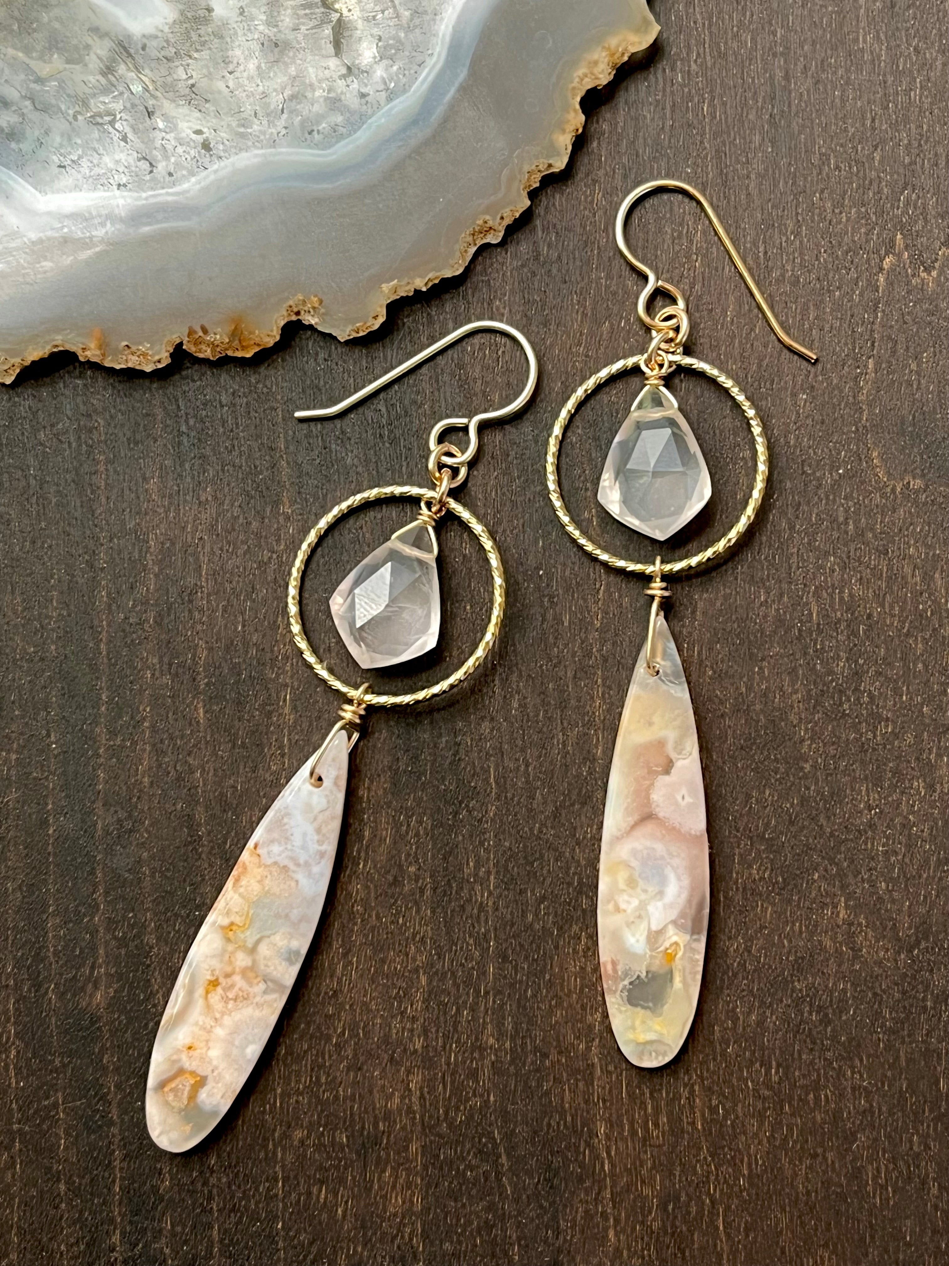 •LUNA• cherry blossom agate + rose quartz gold dangle earrings