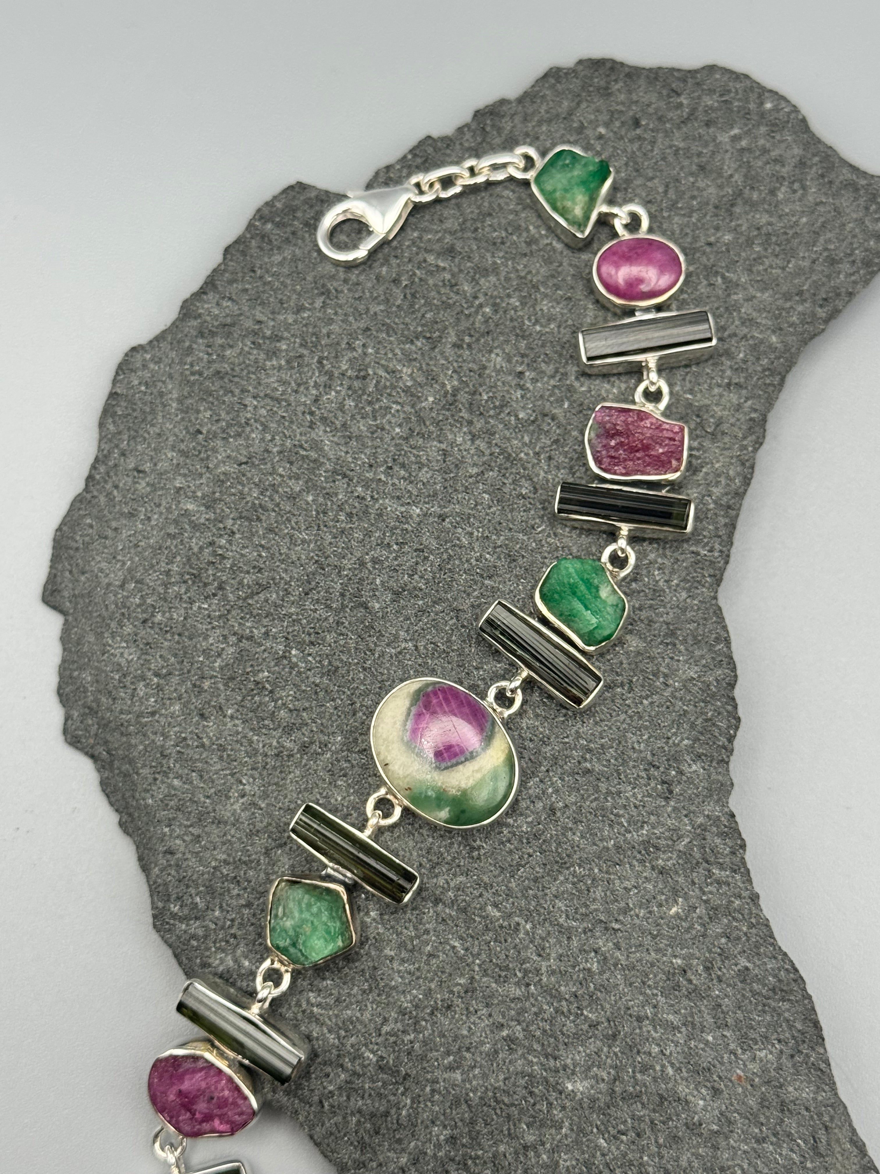 •RUBY FUCHSITE - MULTI-STONE• linked silver bracelet (7.5" - 9")