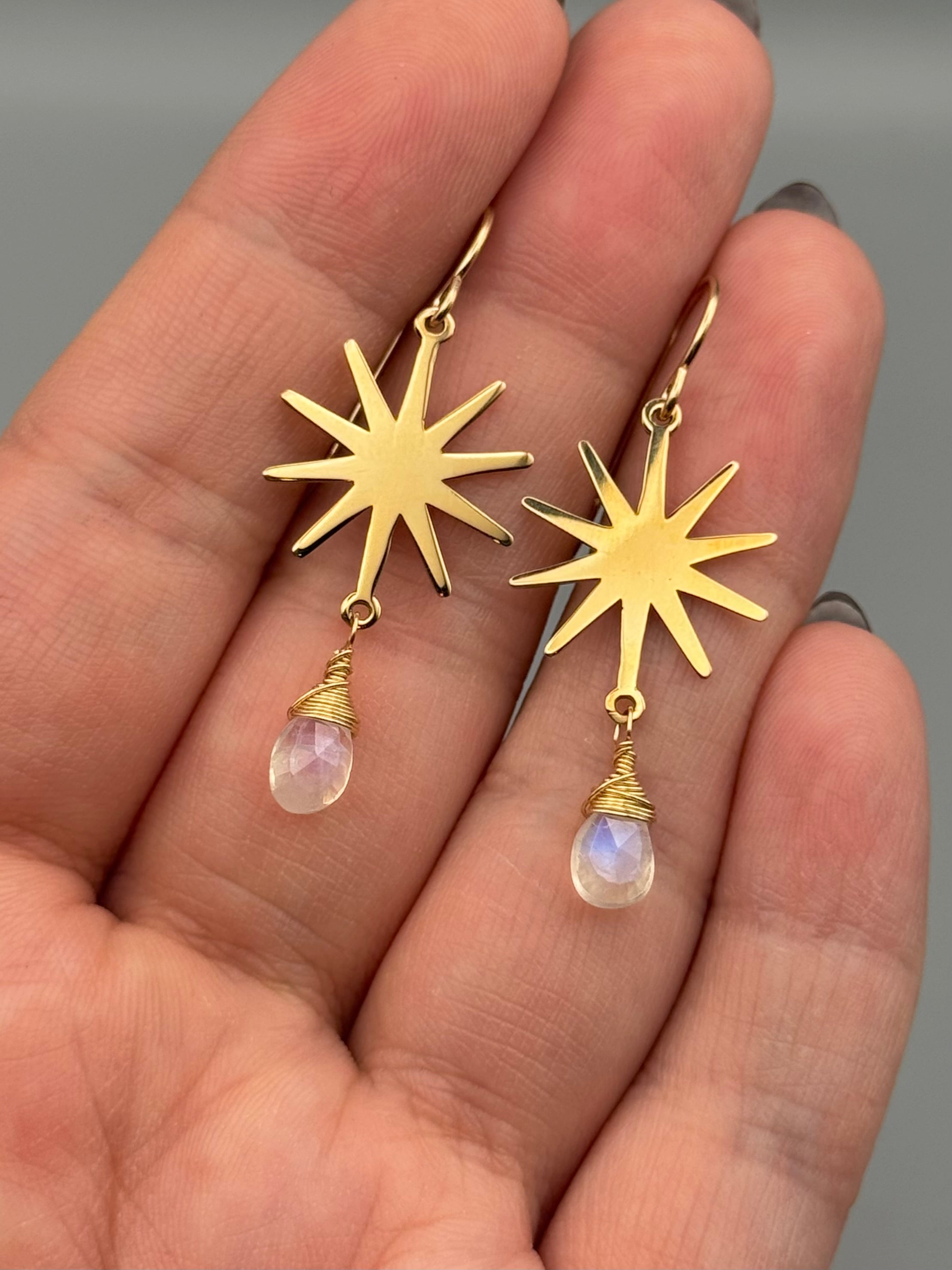 •STARBURST• rainbow moonstone + gold earrings
