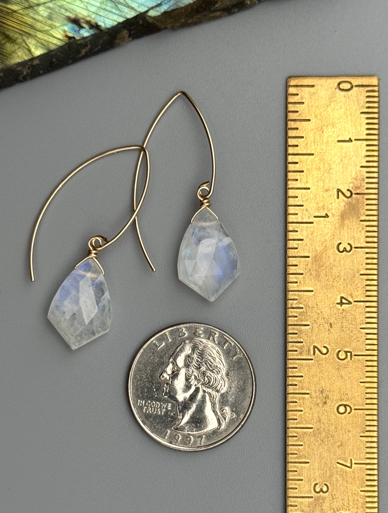 •STRAY• rainbow moonstone sparrow + gold earrings