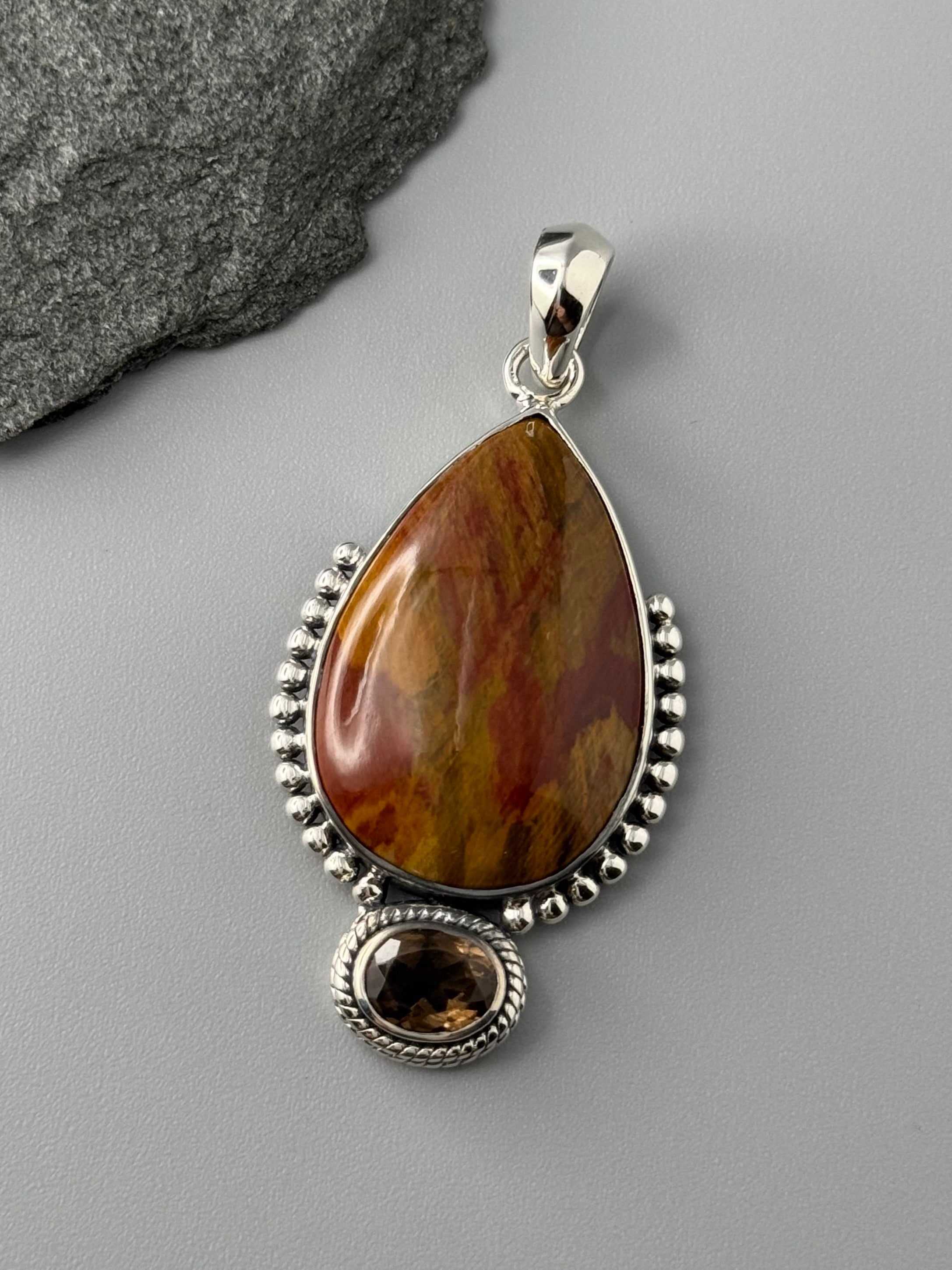 •PETRIFIED WOOD + SMOKY QUARTZ - 1• sterling silver pendant