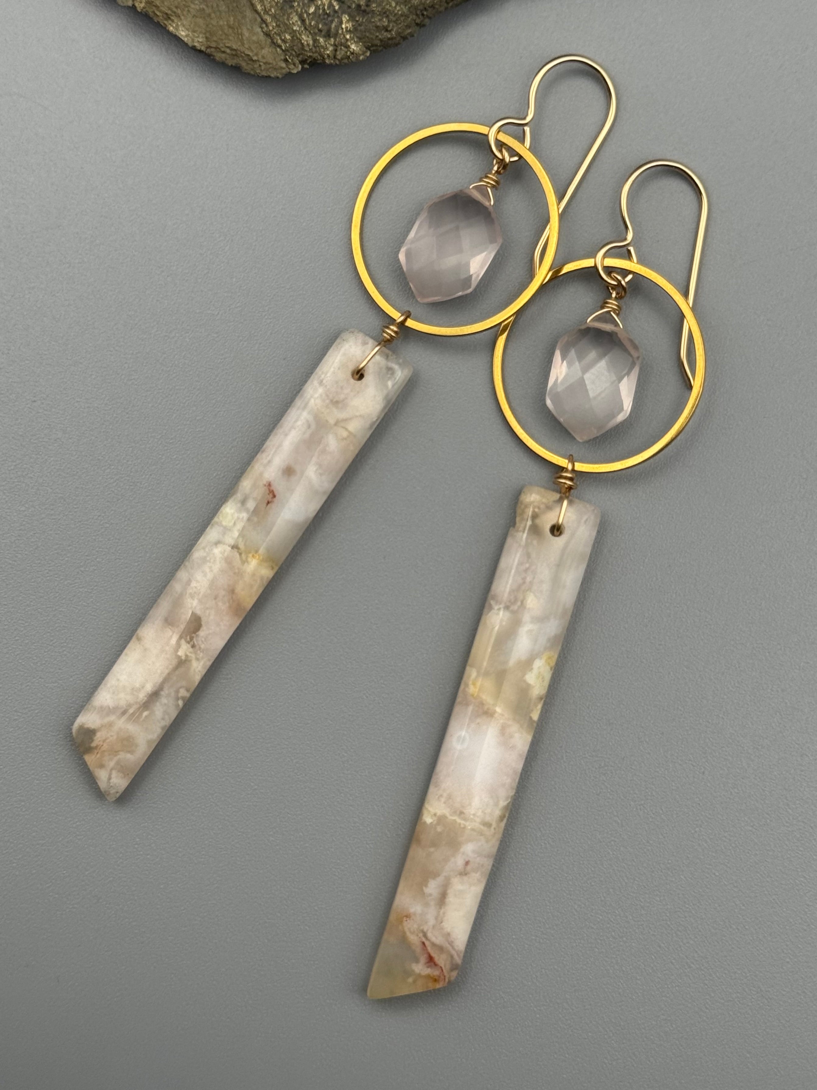 •LUNA• rose quartz + cherry blossom agate gold earrings