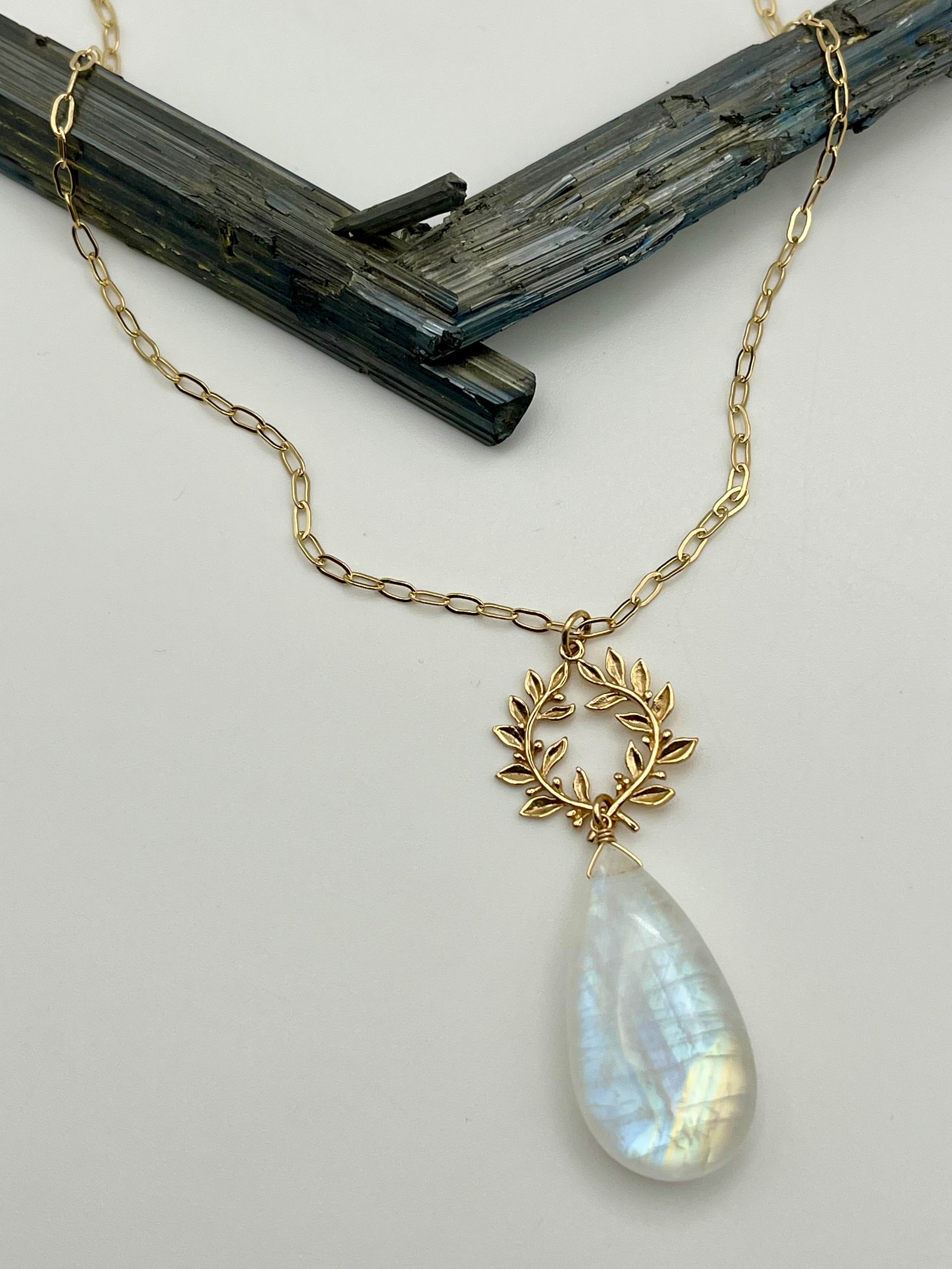 •ALCHEMY• rainbow moonstone + laurel leaves mixed metal necklace (26"-28" long)