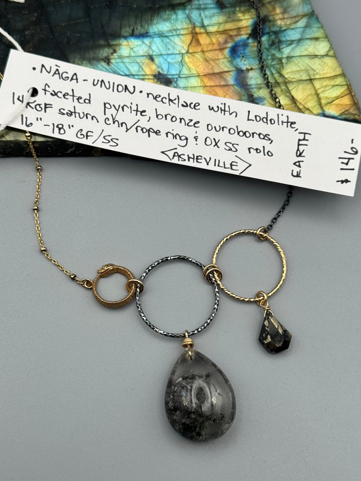 •NĀGA - UNION• lodolite + pyrite mixed metal necklace (16"-18" long)