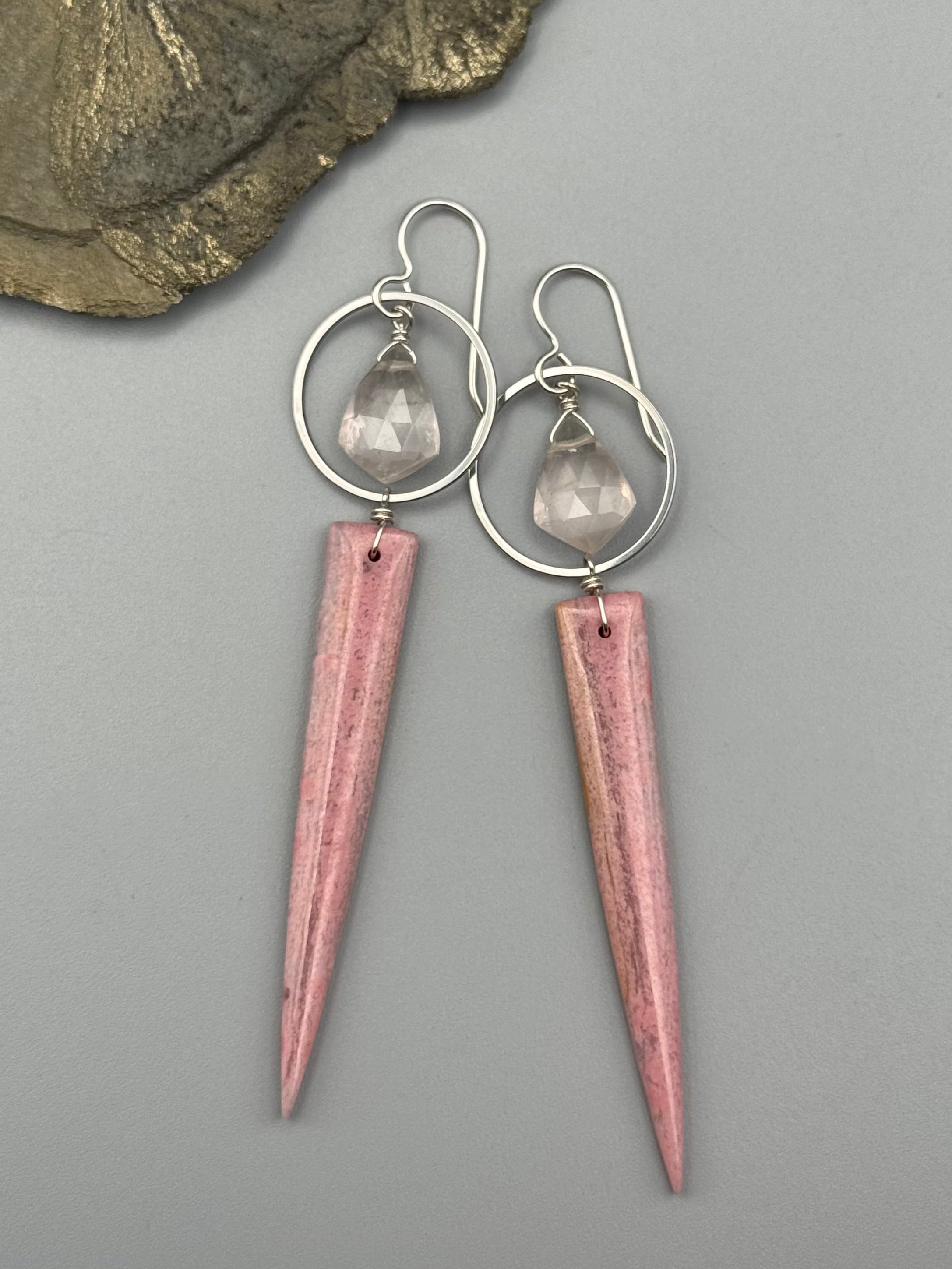 •LUNA• rose quartz + rhodonite in quartz silver earrings