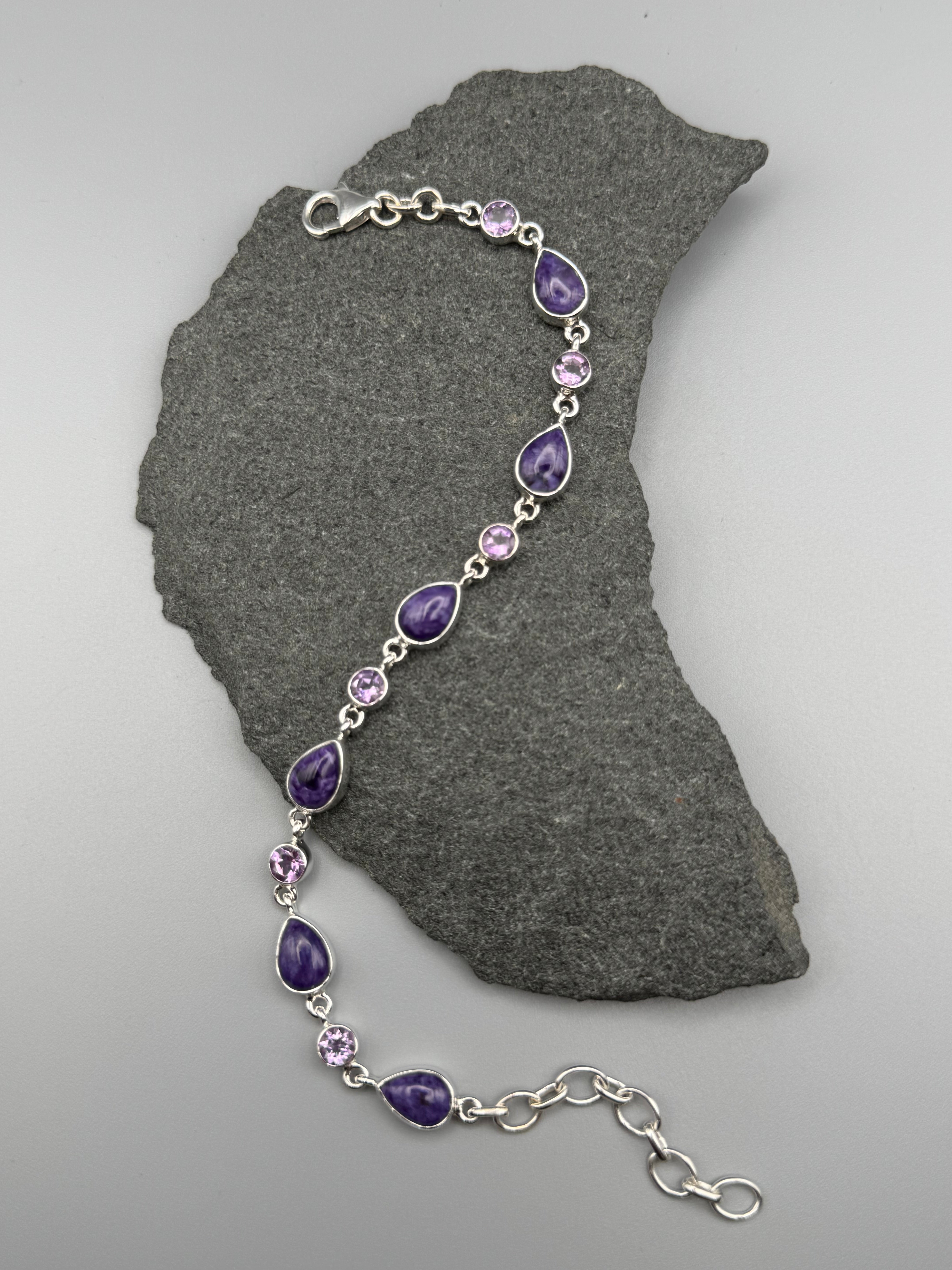 •CHAROITE + AMETHYST• linked silver bracelet (7.5" - 9")