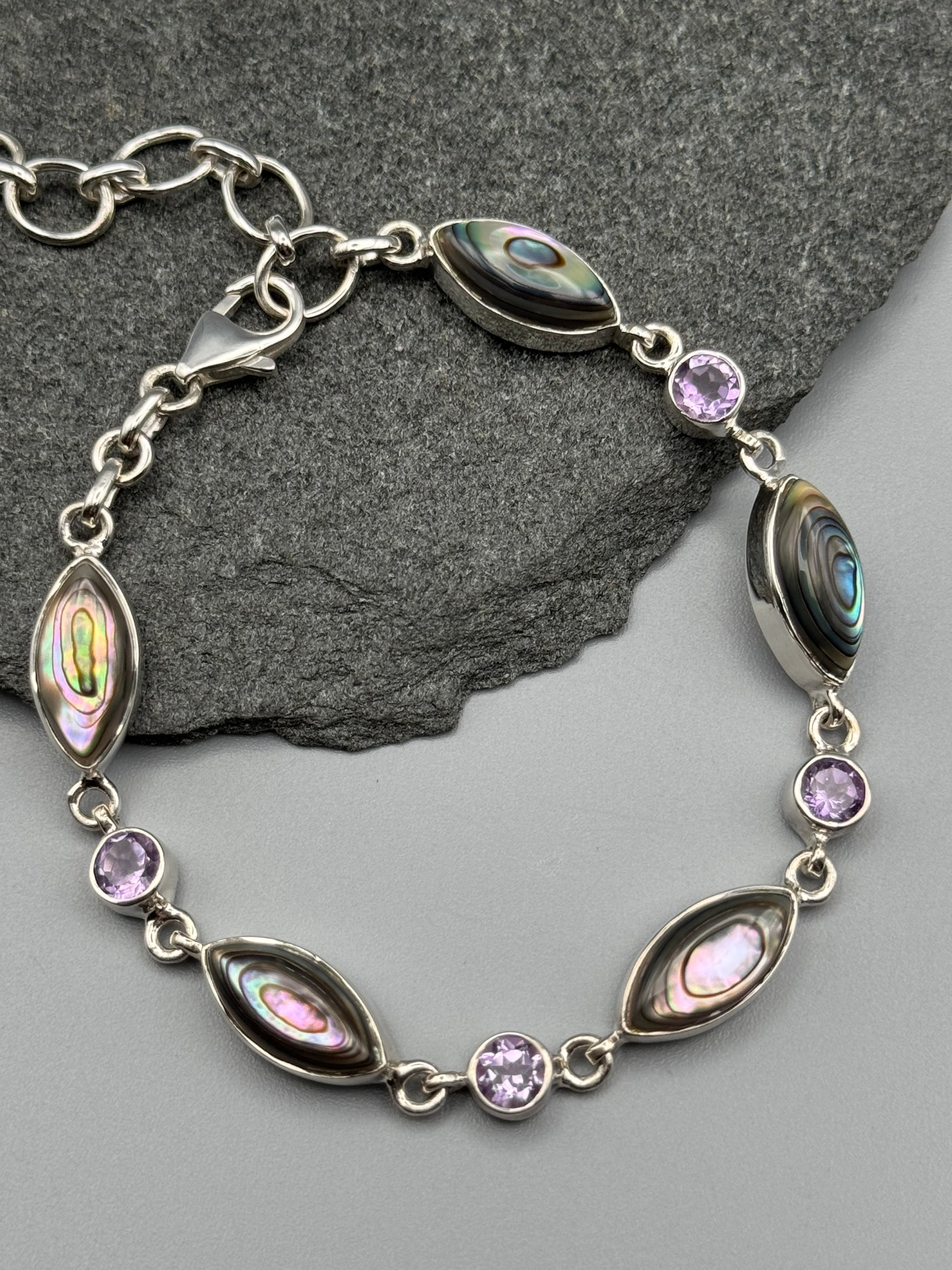 •ABALONE + AMETHYST• linked silver bracelet (7.25" - 9")