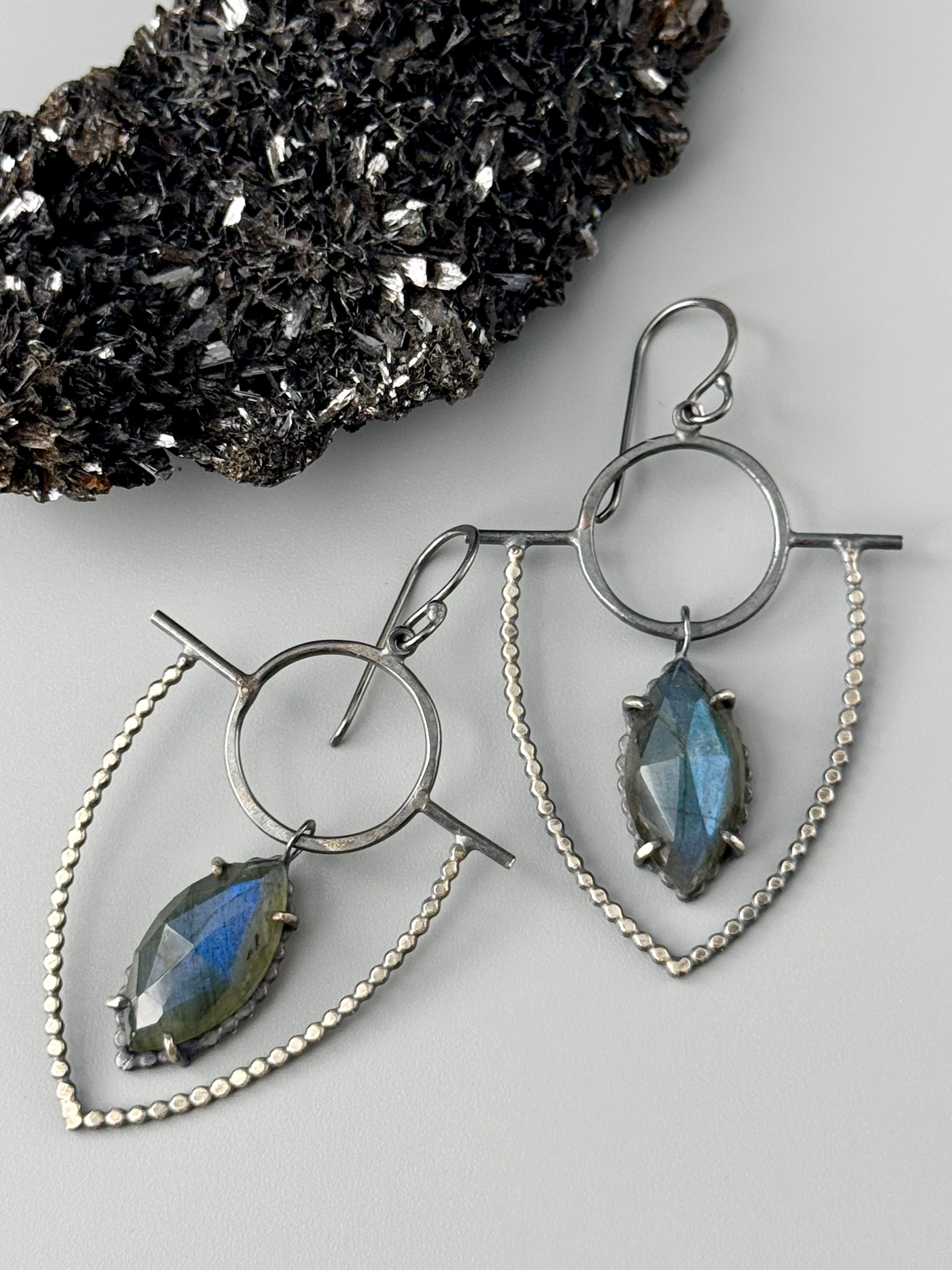 •DOTTED SHIELD• labradorite + silver dangle earrings