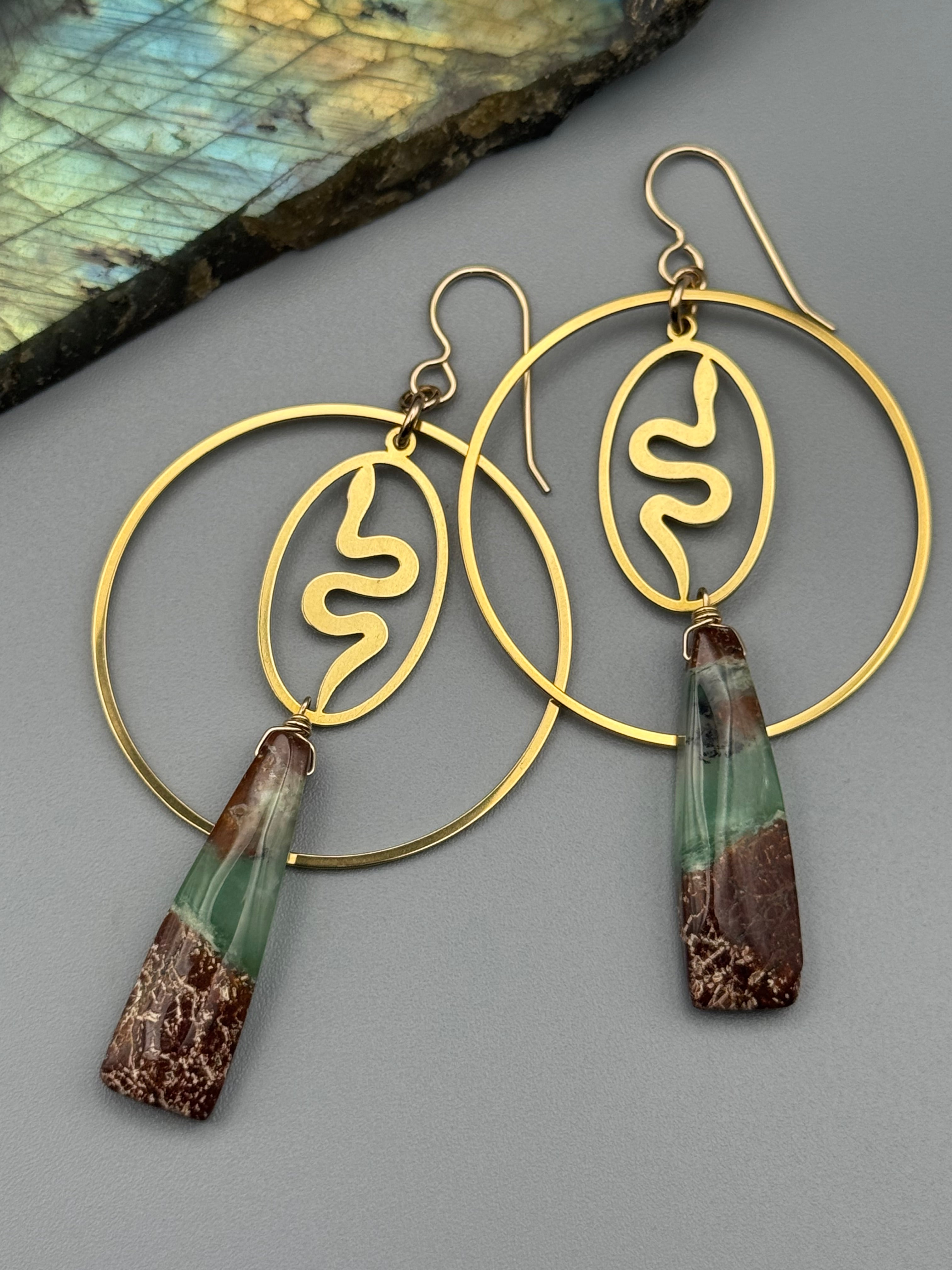 •SLITHER HOOPS• chrysoprase tower + gold earrings