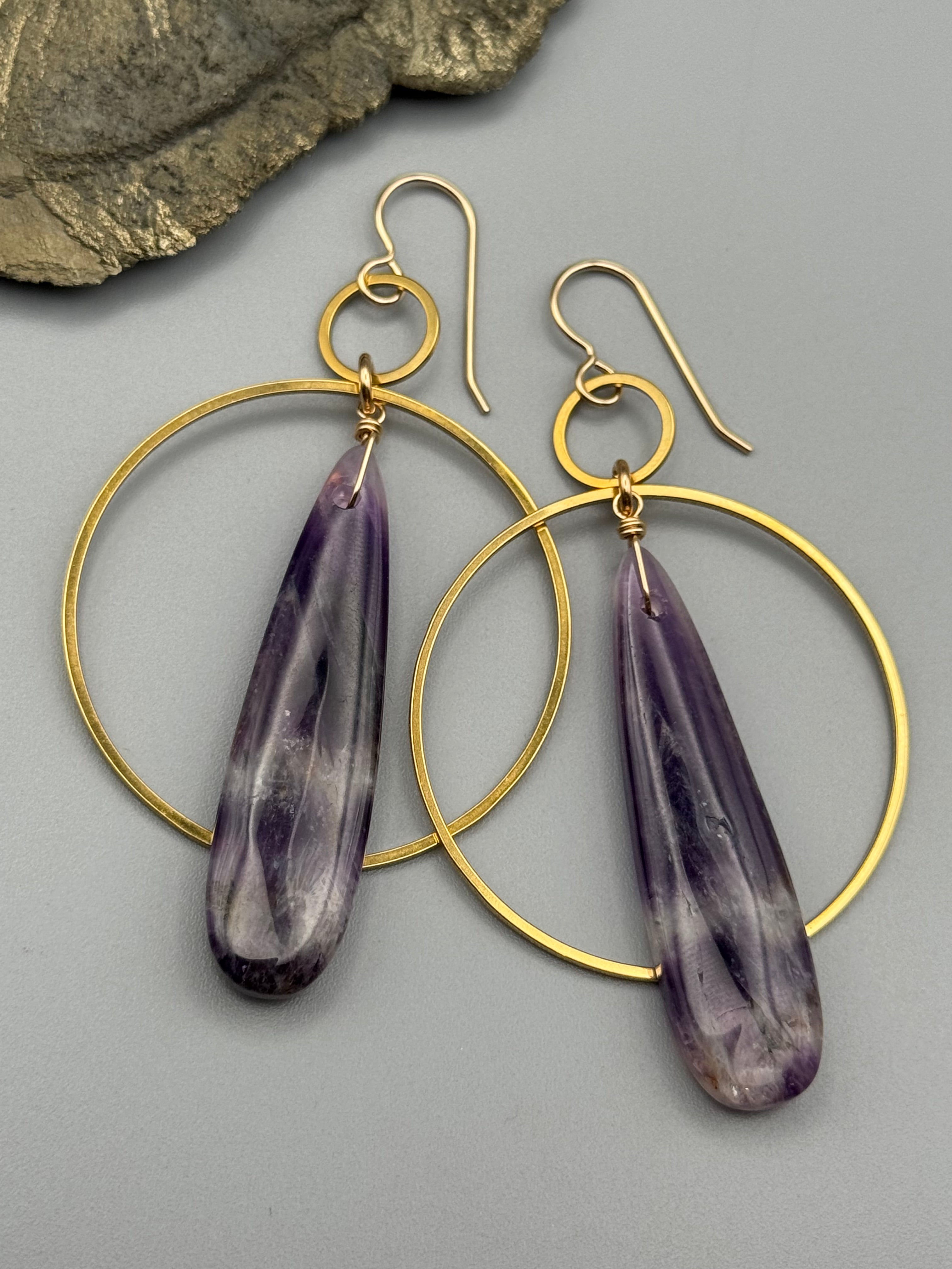 •EQUA-ORBIT• chevron amethyst tear + gold earrings