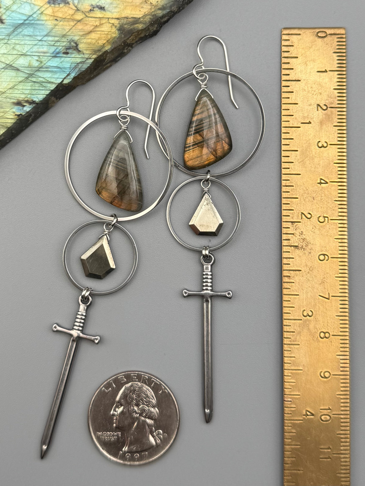 •AELIN• golden labradorite wing + pyrite silver earrings