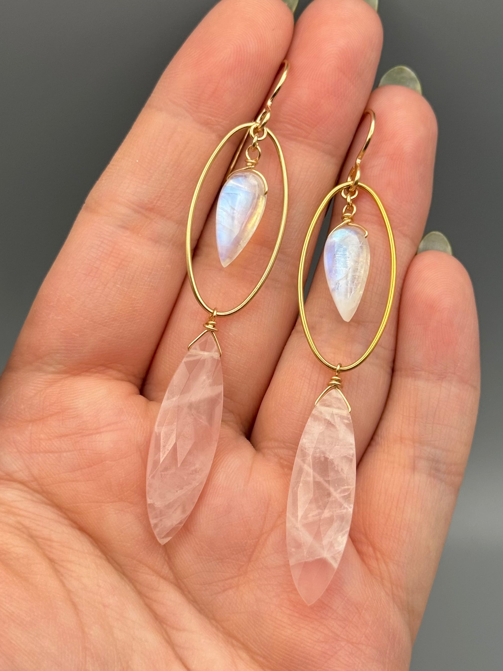 •LUNA• rainbow moonstone + rose quartz gold earrings