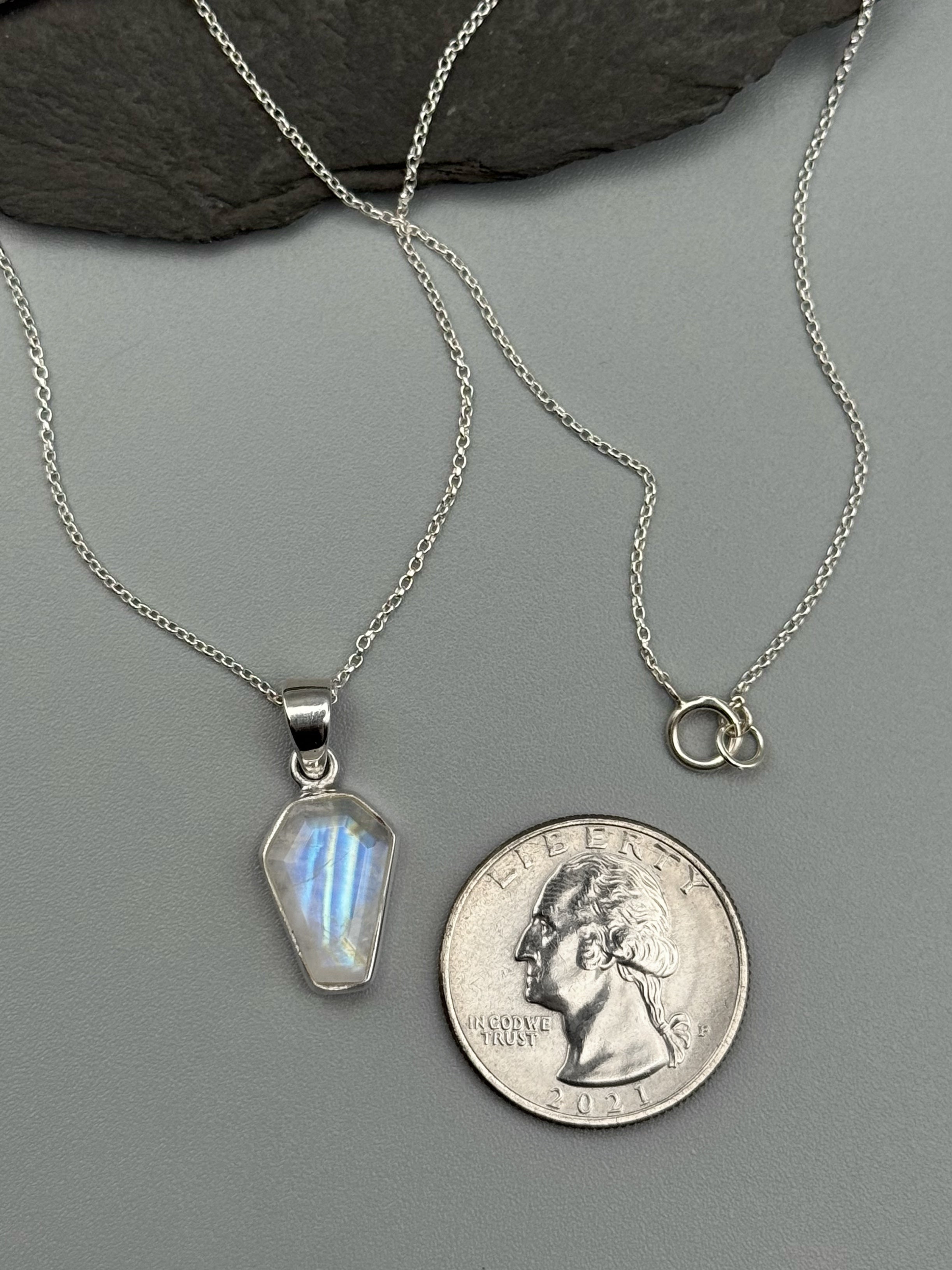 •RAINBOW MOONSTONE - COFFIN• simple bezel silver necklace (18" long)