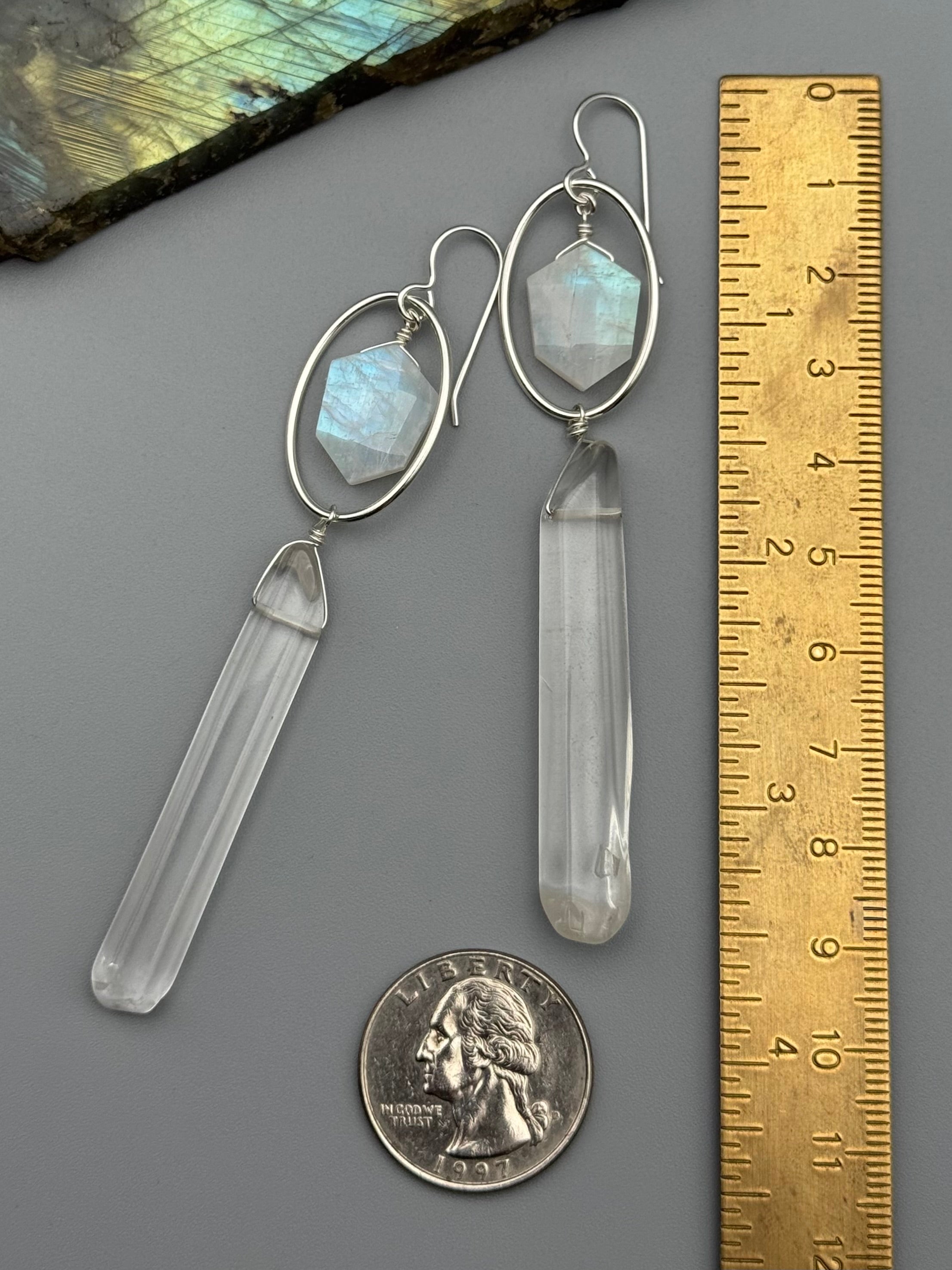 •LUNA• rainbow moonstone + quartz point silver earrings