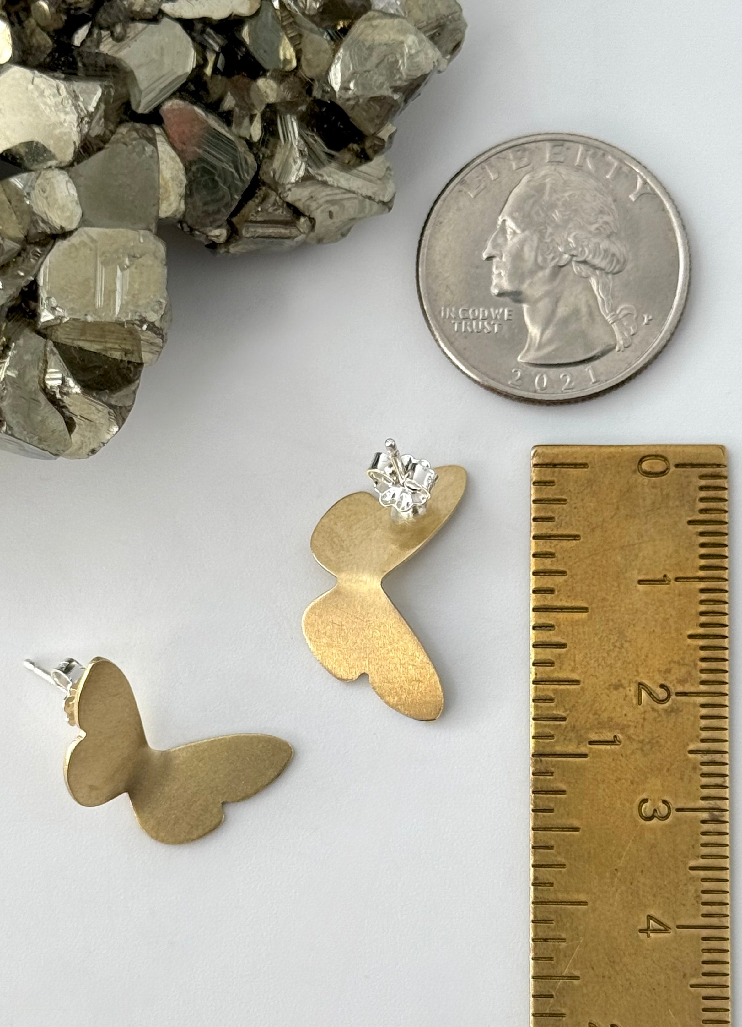 •FLUTTERING BUTTERFLY• brass + silver stud earrings