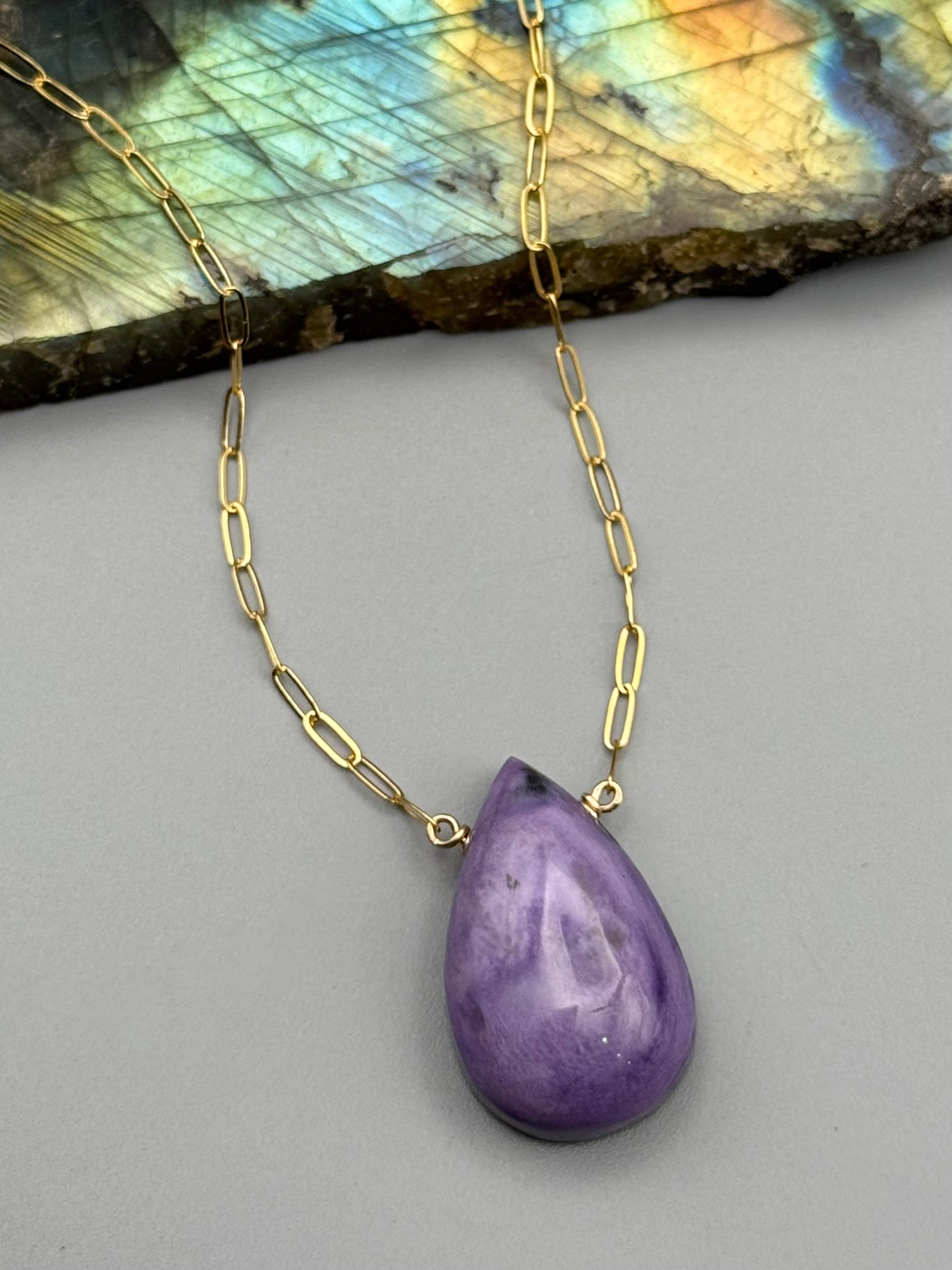 •AEON• charoite tear + gold necklace (16"-18" long)