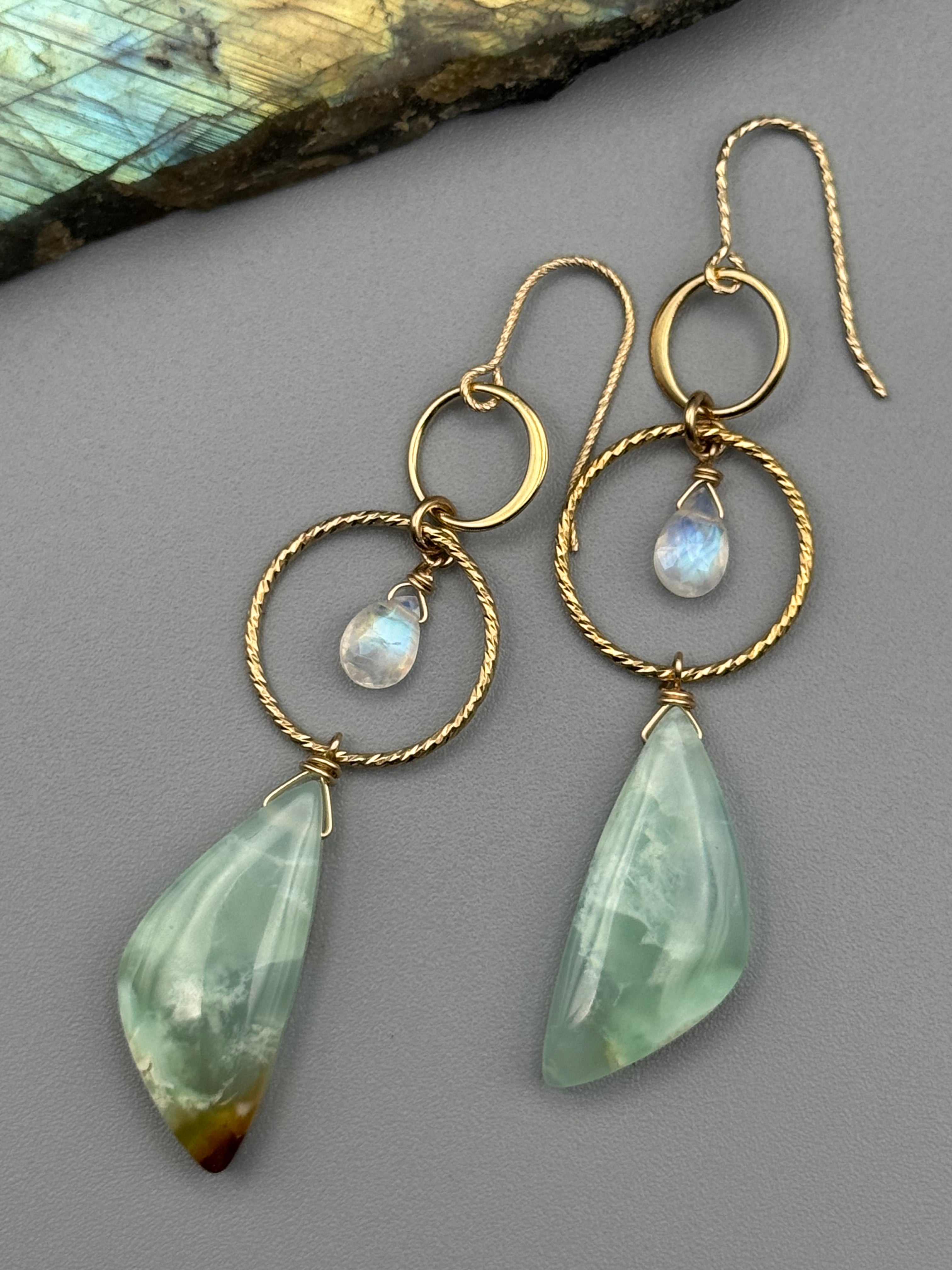 •4 OF CUPS• rainbow moonstone + chrysoprase gold earrings