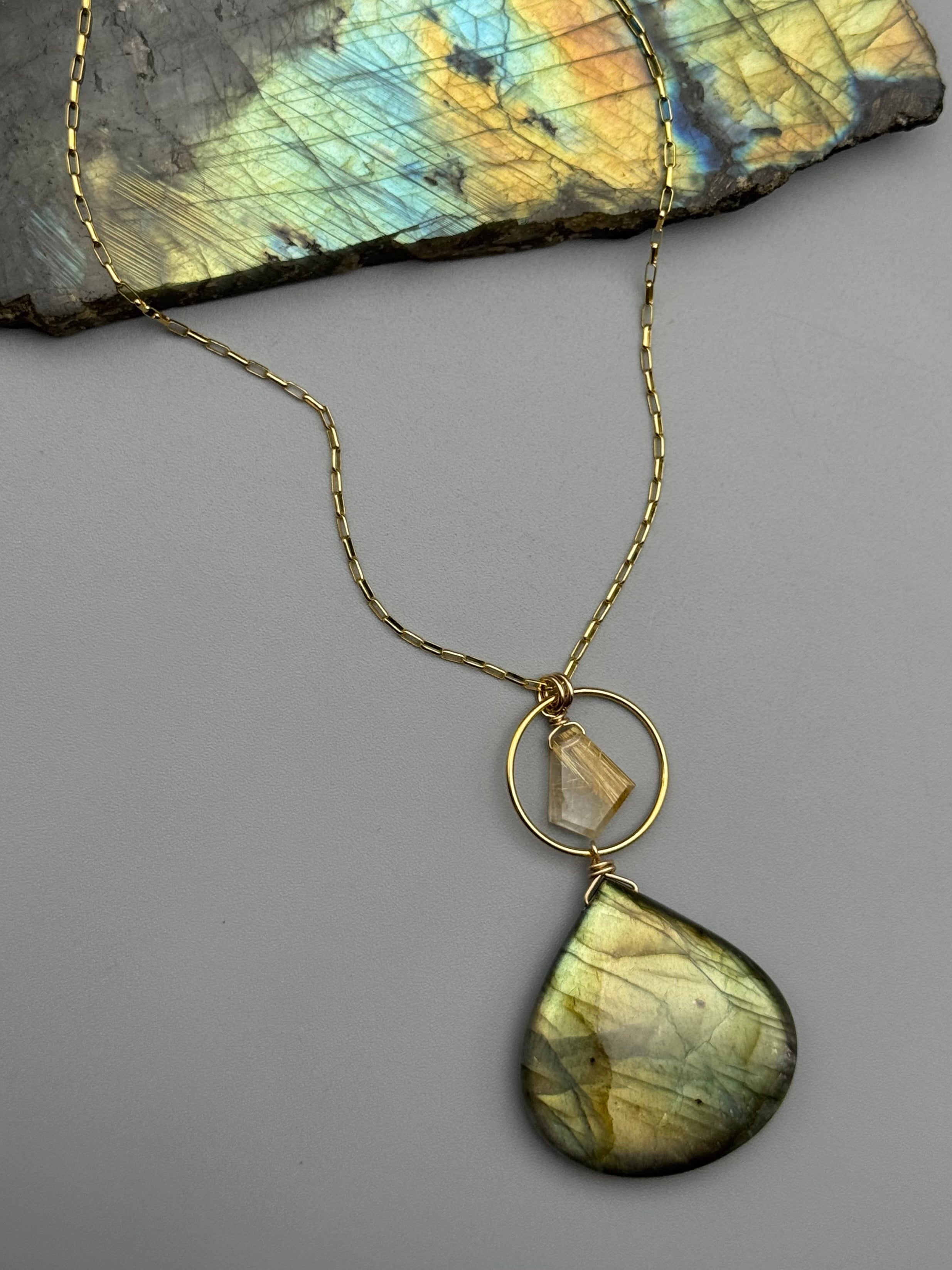 •LUNA• rutilated quartz + labradorite gold necklace (18"-20" long)