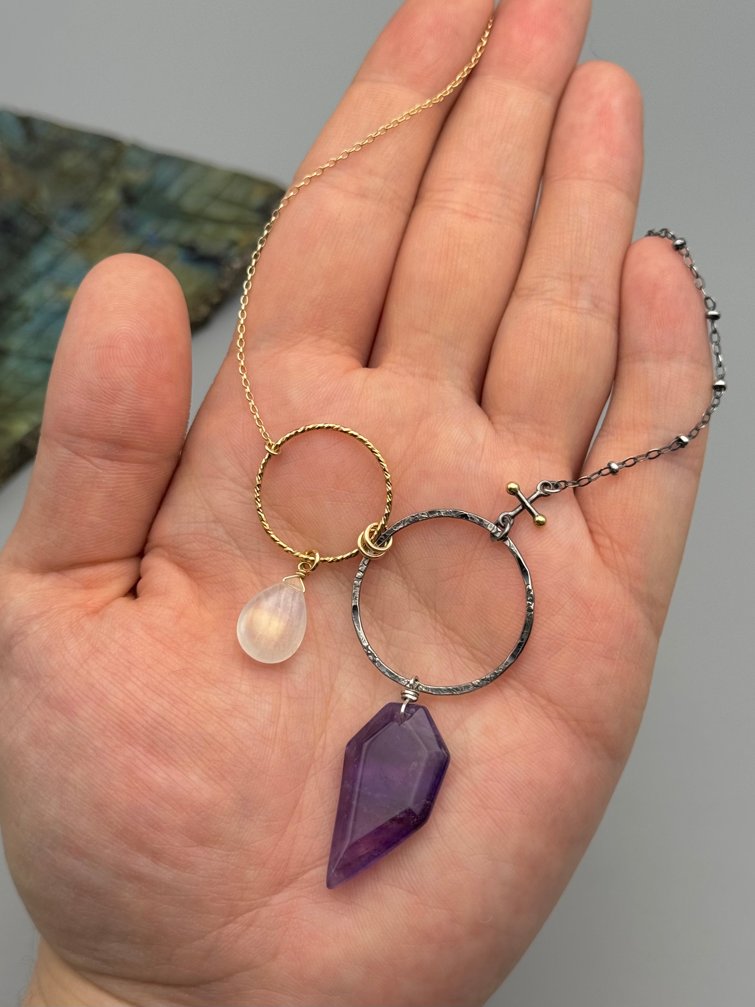 •UNION• rainbow moonstone + amethyst mixed metal necklace (16"-18" long)
