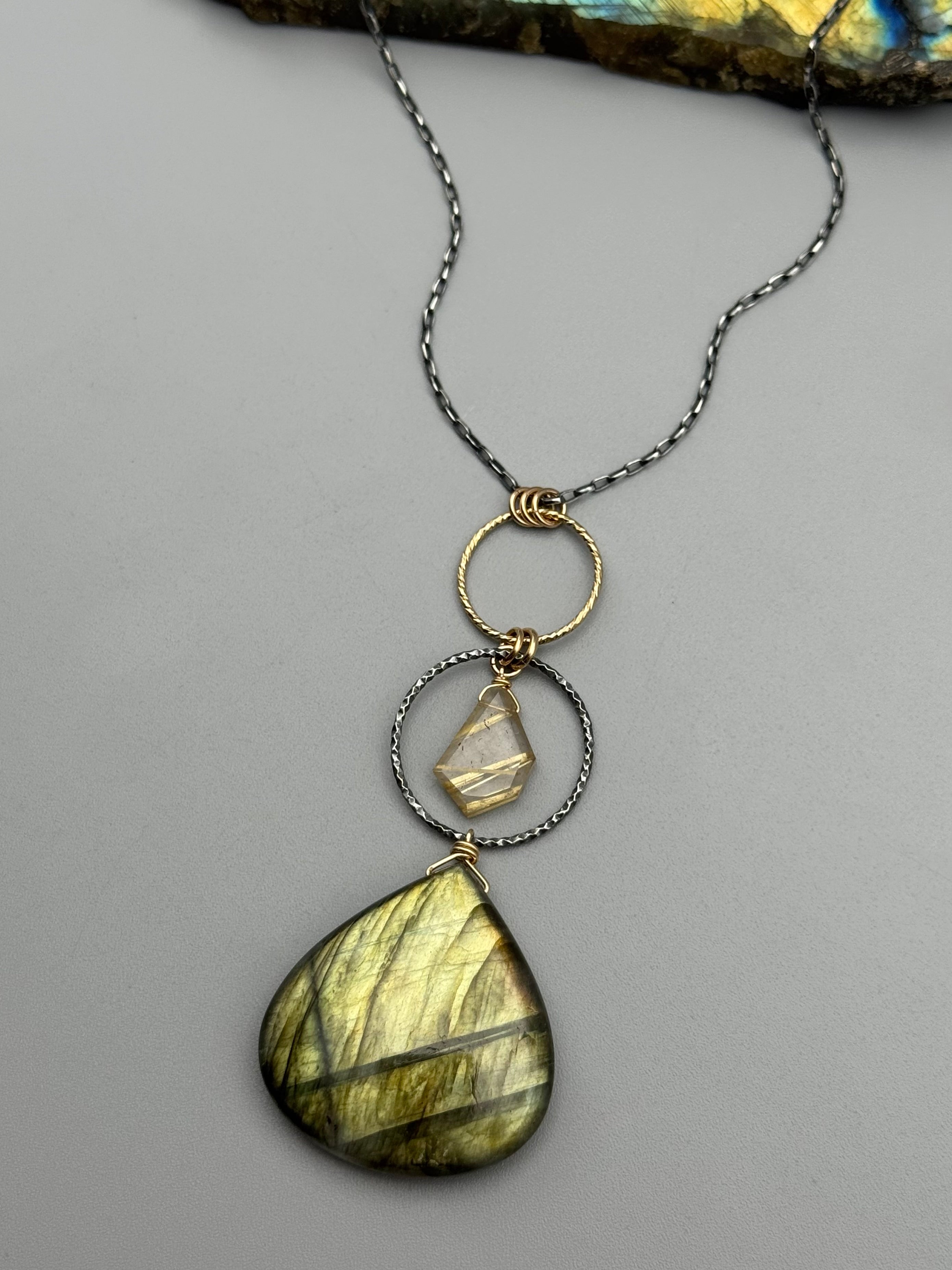 •NYX• rutilated quartz + labradorite mixed metal necklace (26"-28" long)