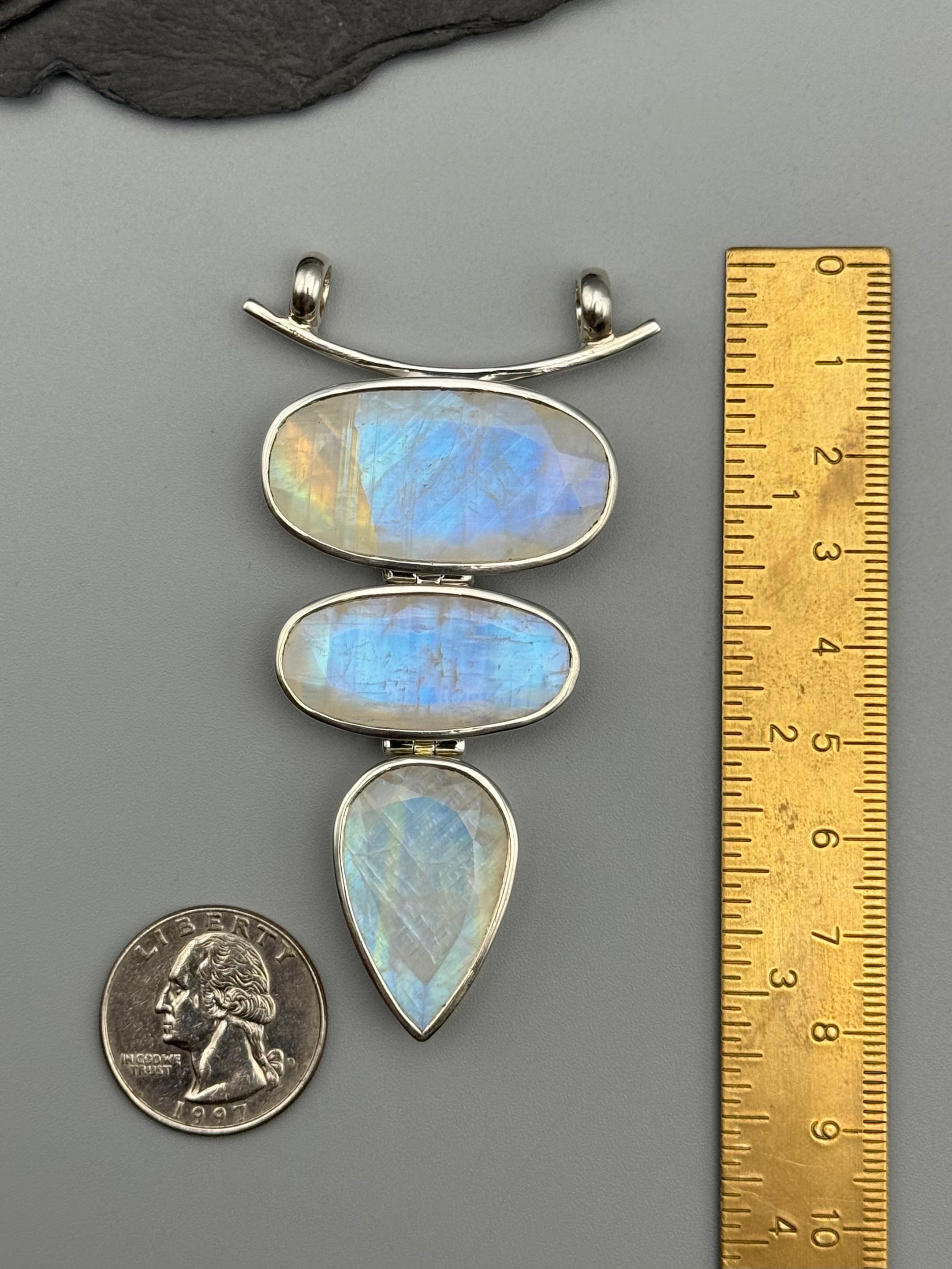 •FACETED RAINBOW MOONSTONE - HINGED TRIO• sterling silver pendant