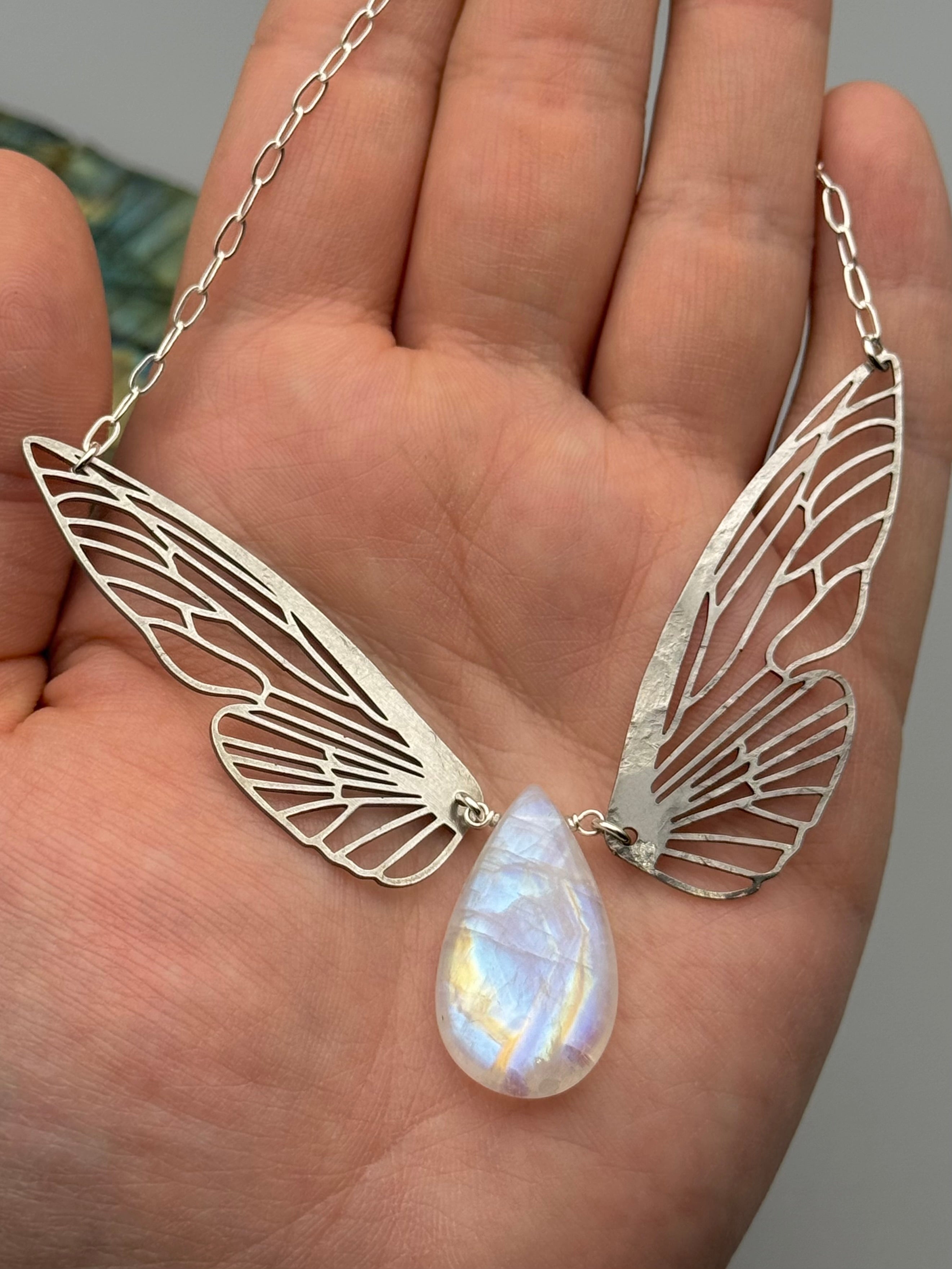 •METAMORPH• rainbow moonstone tear + silver necklace (16"-18" long)