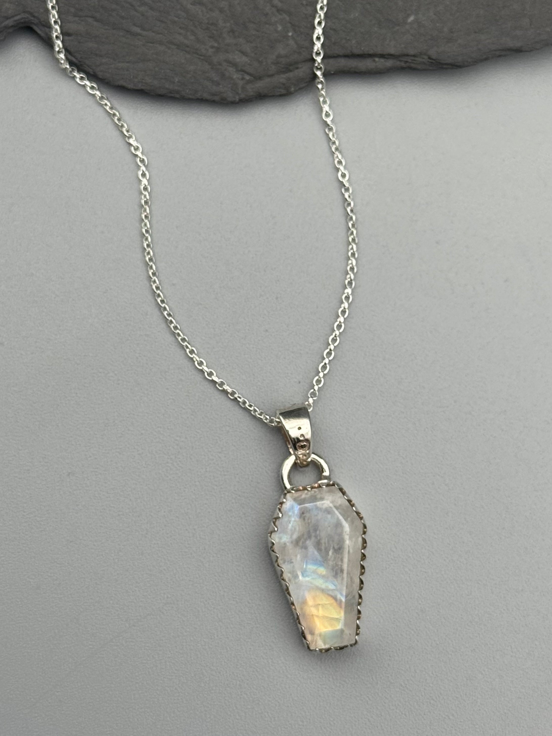 •RAINBOW MOONSTONE - COFFIN• serrated bezel silver necklace (18" long)