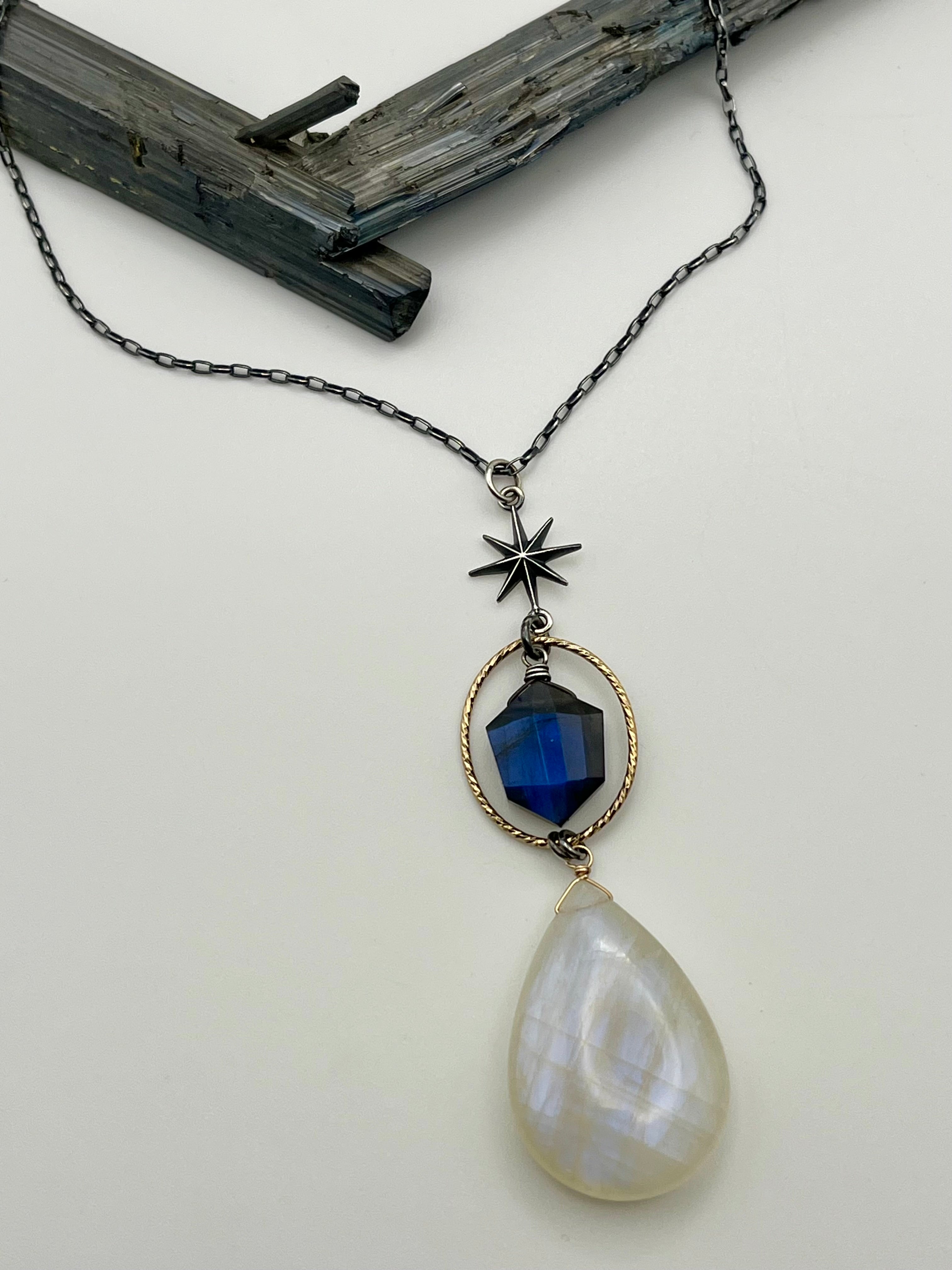 •NYX• rainbow moonstone + labradorite mixed metal necklace (18"-20" long)