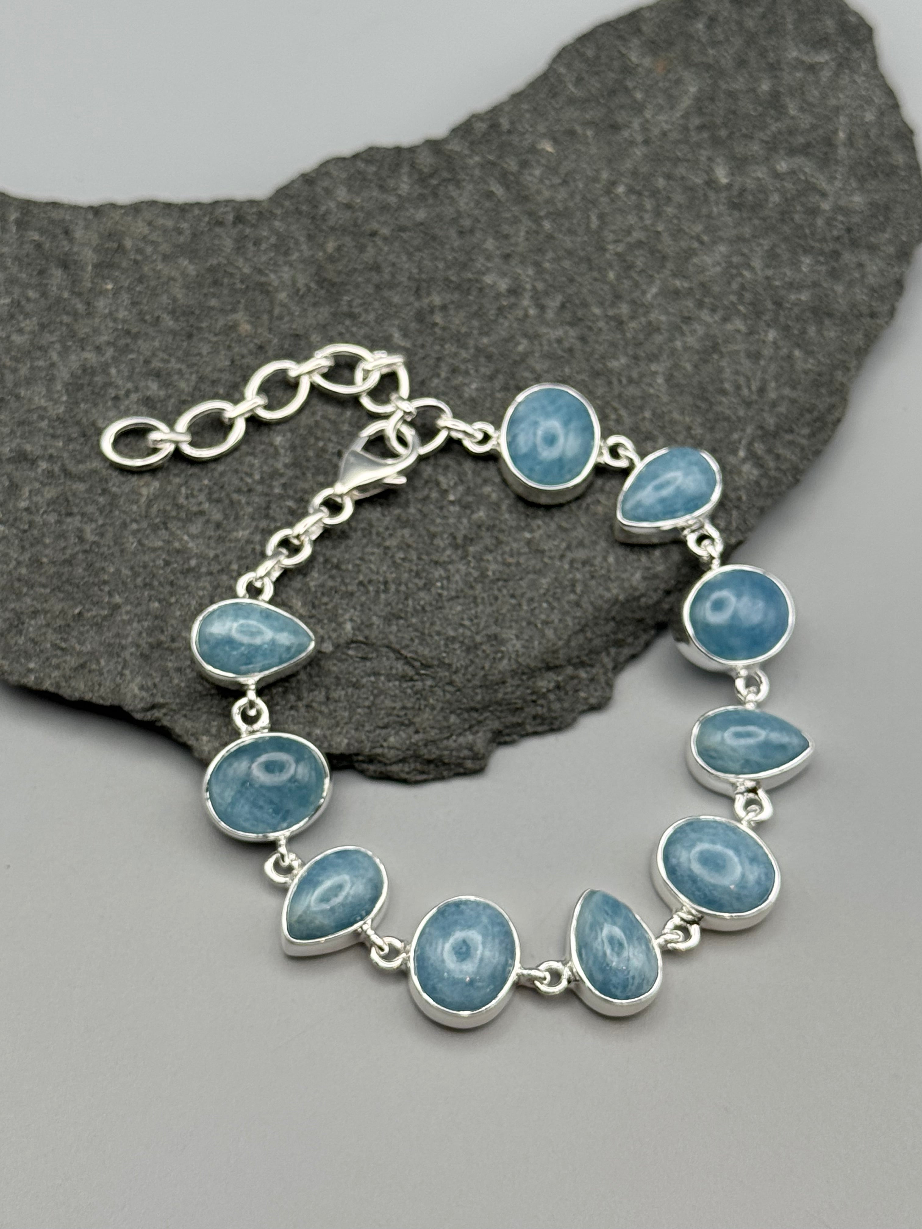 •AQUAMARINE - GEO MIX• linked silver bracelet (7" - 9")