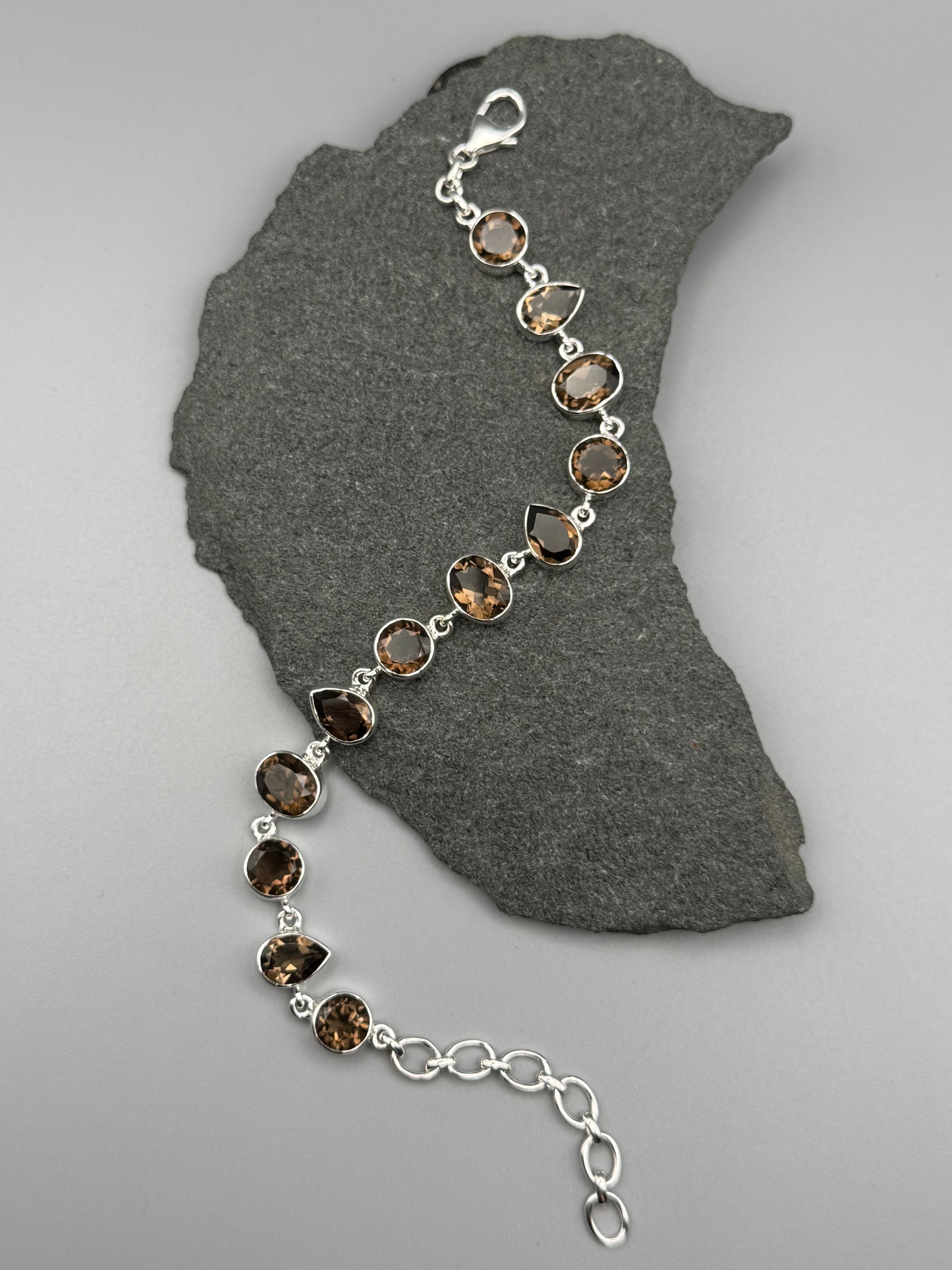 •SMOKY QUARTZ - GEO MIX• linked silver bracelet (7.25" - 9")