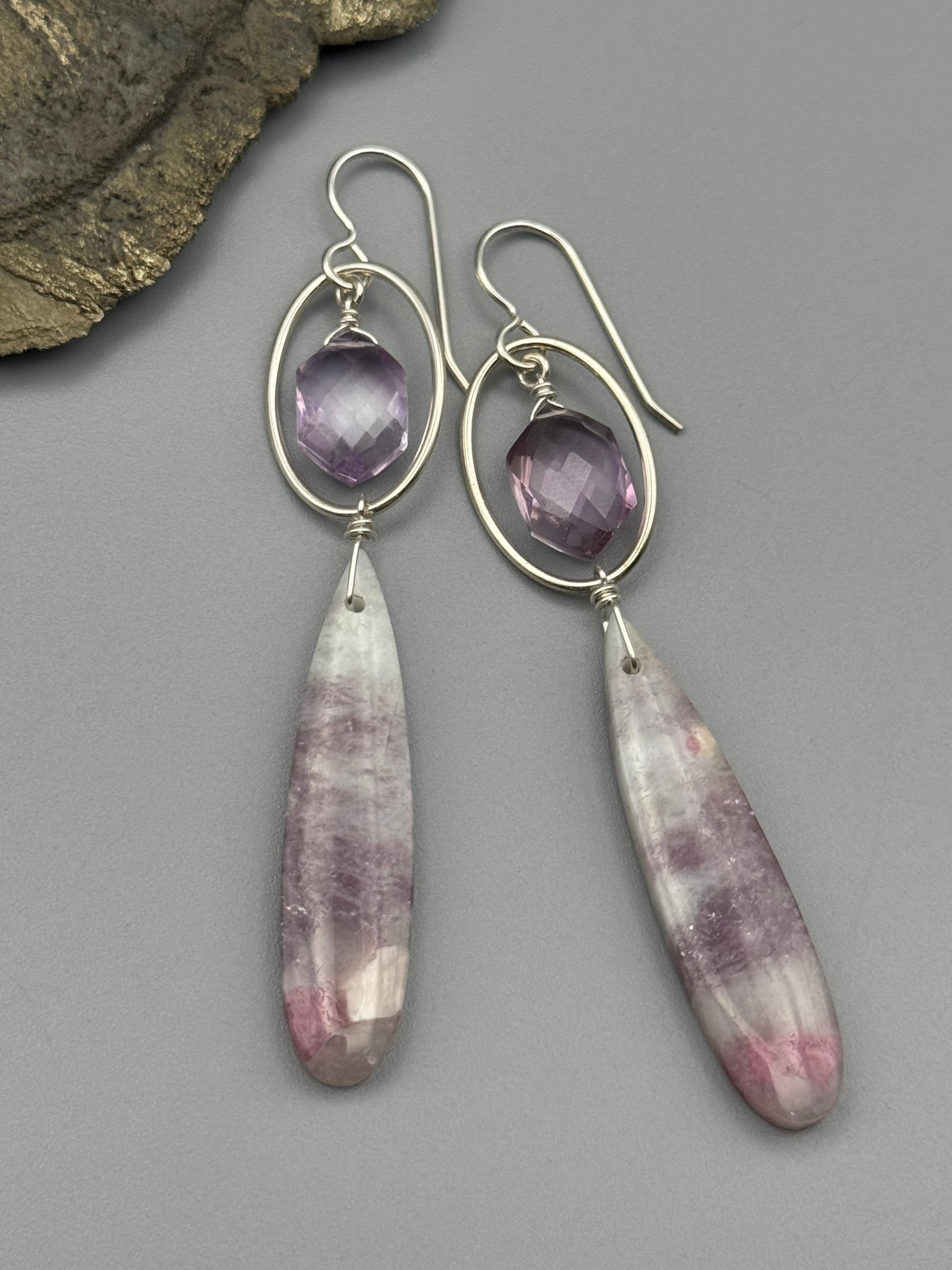 •LUNA• amethyst + tourmaline in lepidolite silver earrings