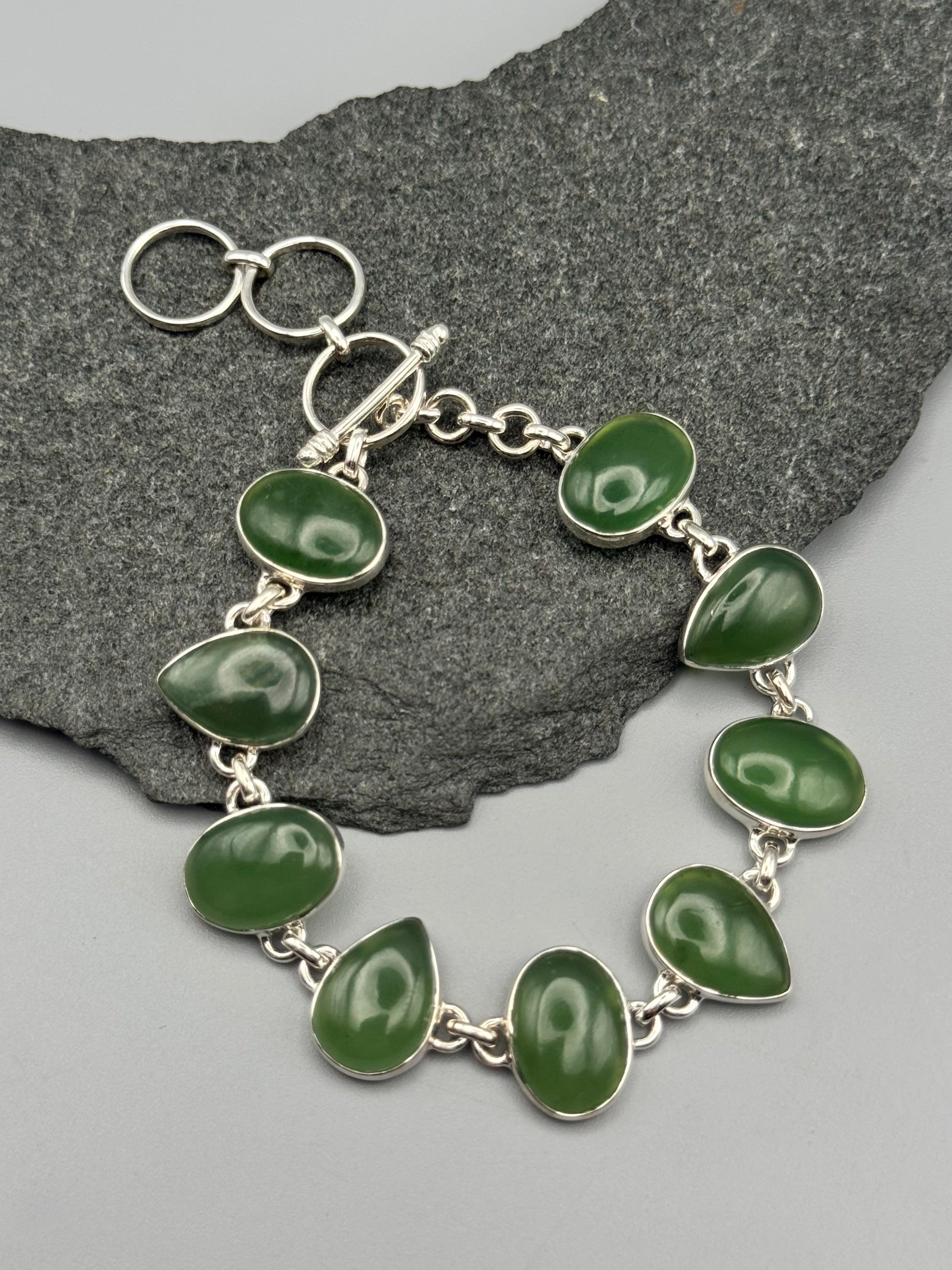 •NEPHRITE JADE - GEO MIX• linked silver bracelet (7" - 8.25")