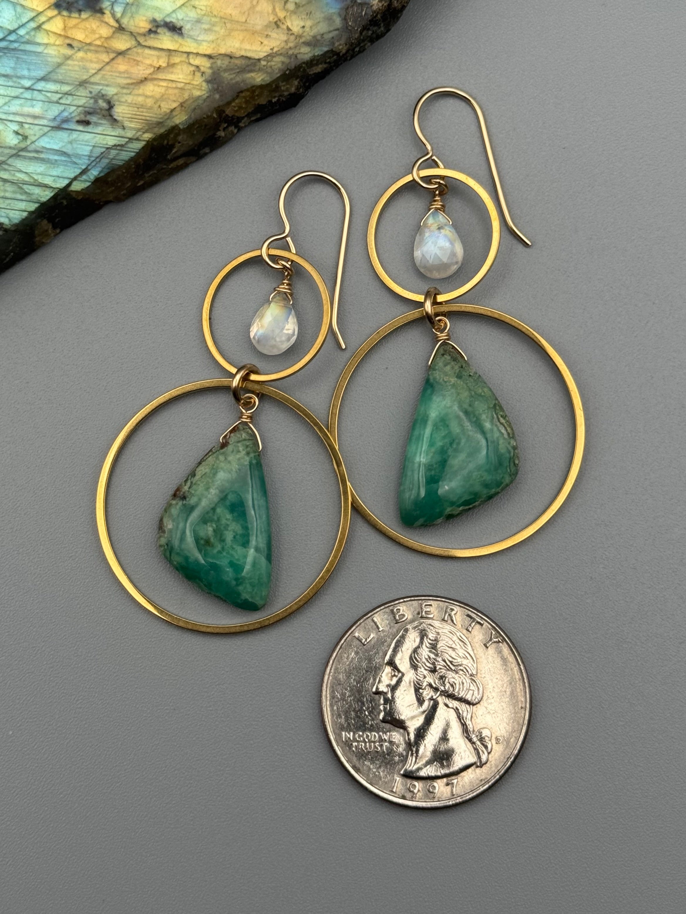 •4 OF CUPS• rainbow moonstone + chrysoprase wing gold earrings