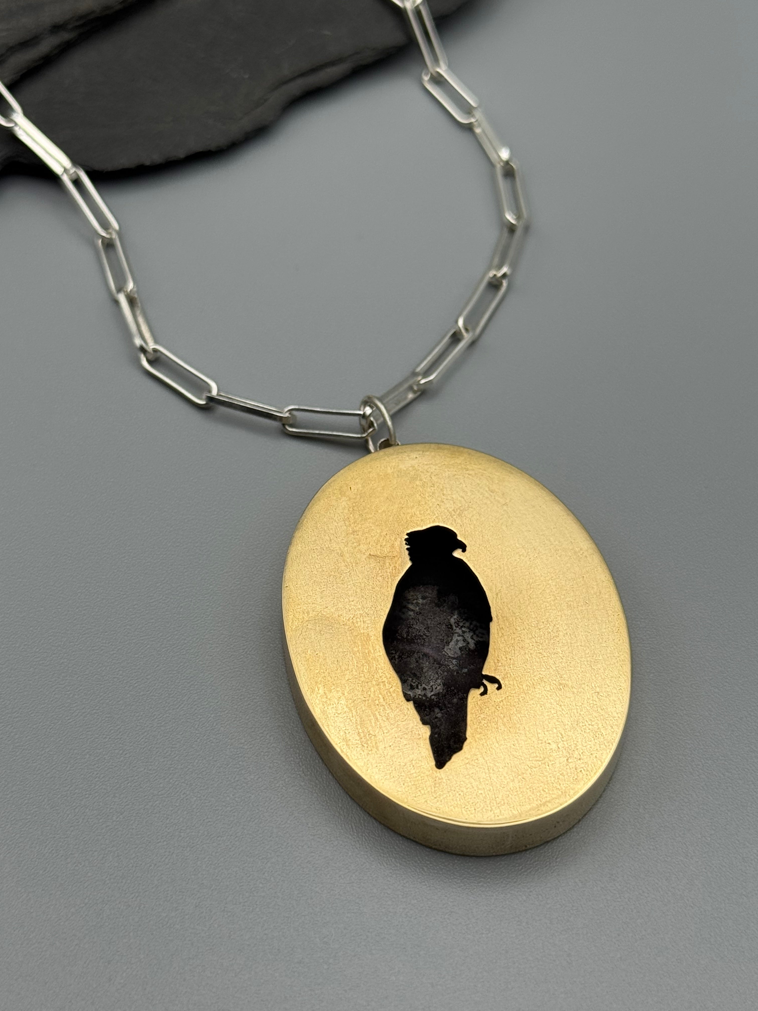 •HAWK• brass shadowbox necklace (18" long)