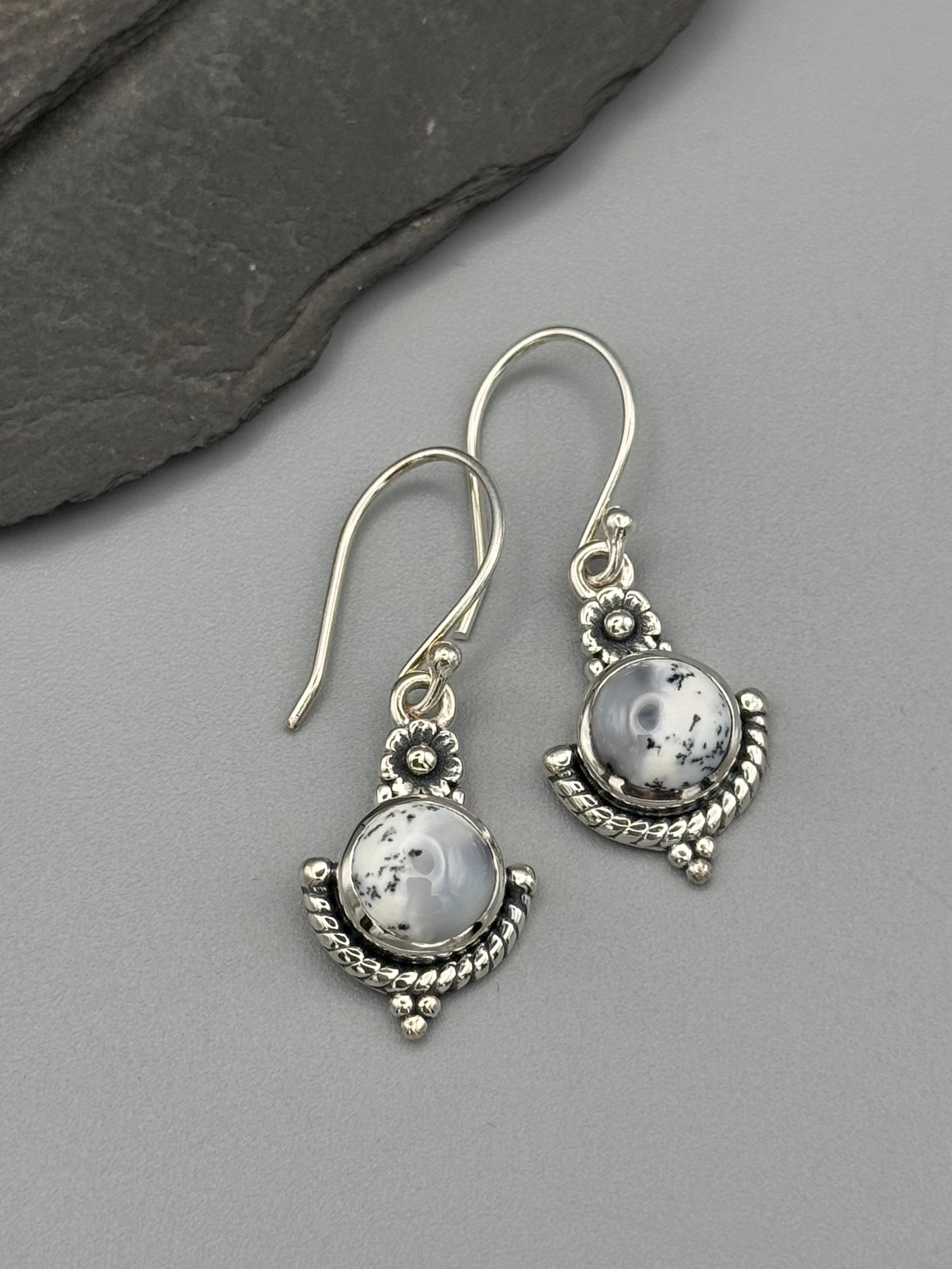 •LIL' ORNATE FLOWER• dendritic opal + silver dangle earrings