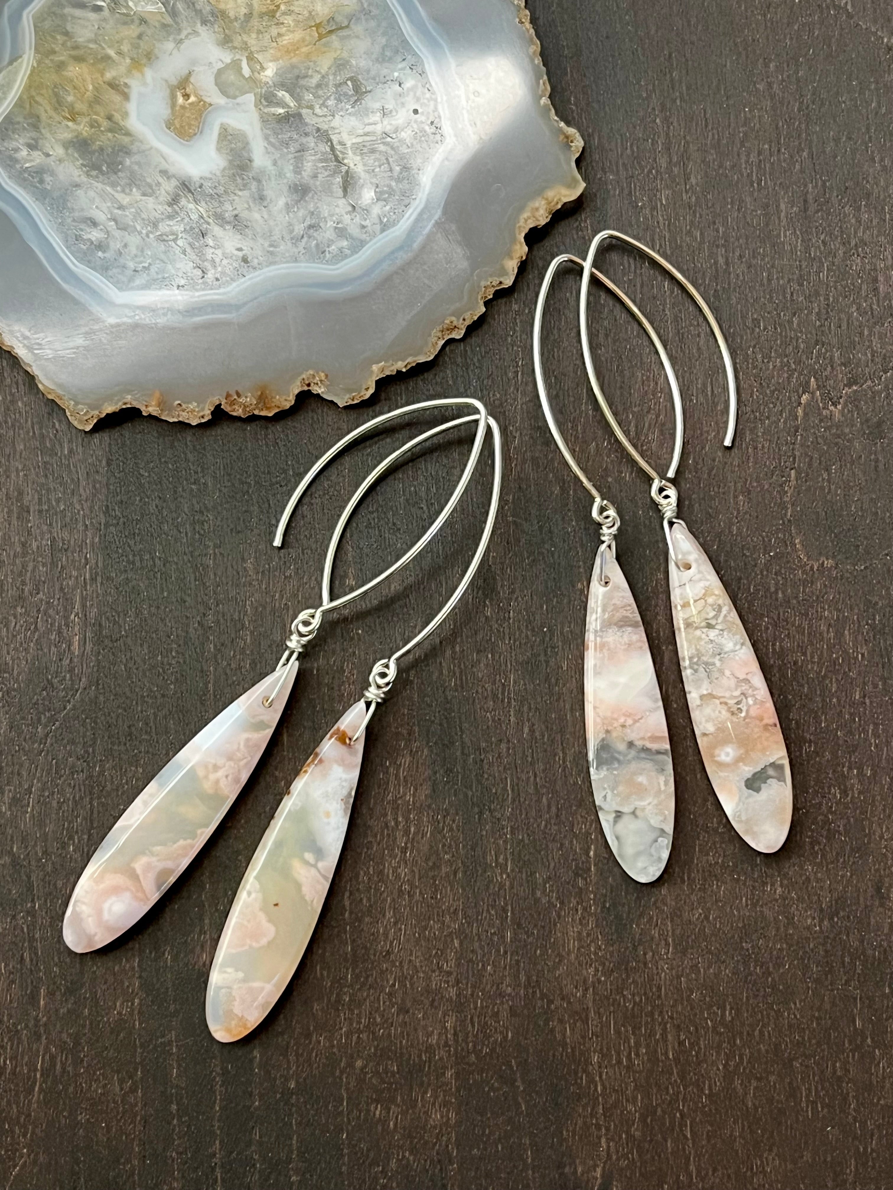 •STRAY• cherry blossom agate + silver dangle earrings