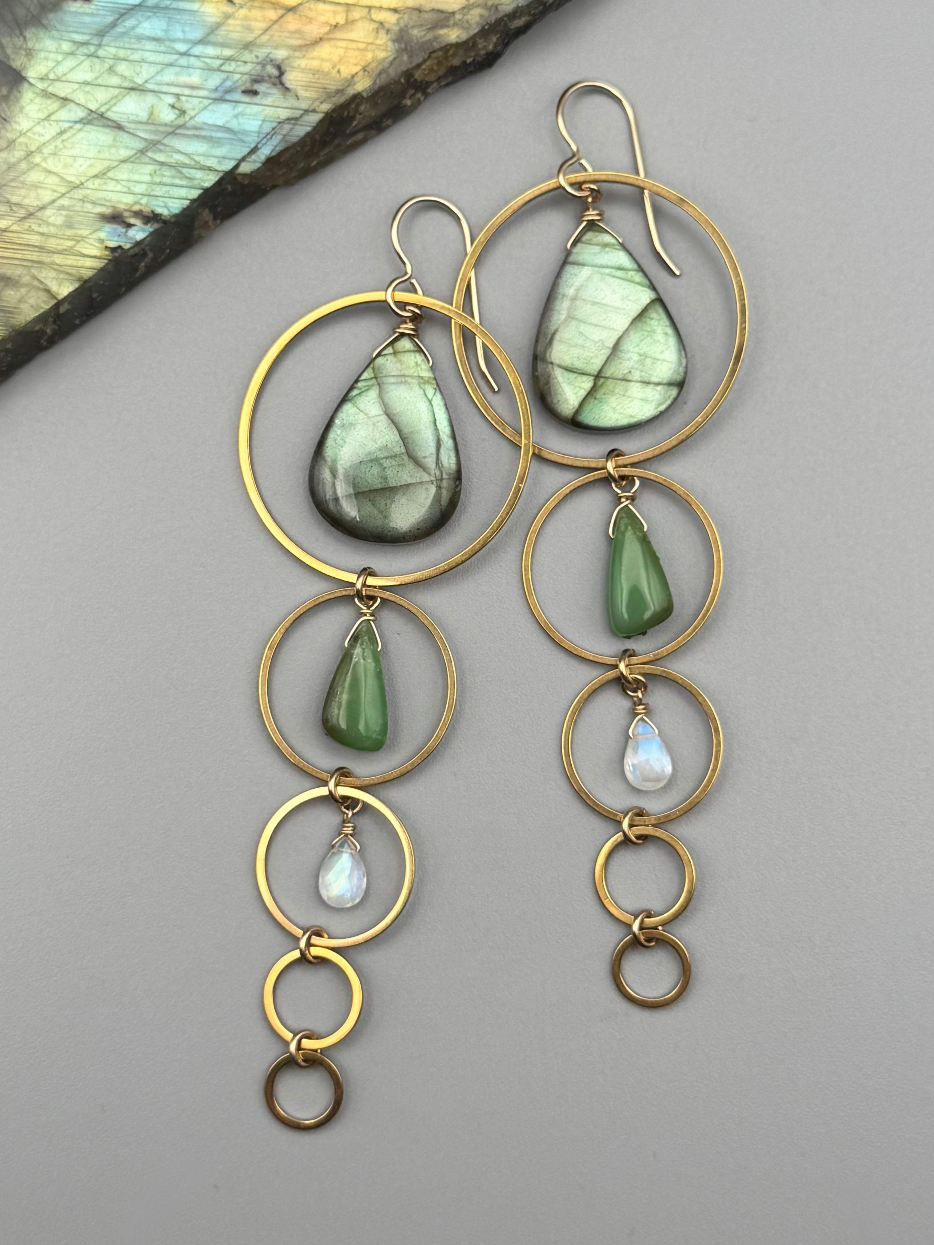 •10 OF CUPS• labradorite + chrysoprase + rainbow moonstone gold earrings